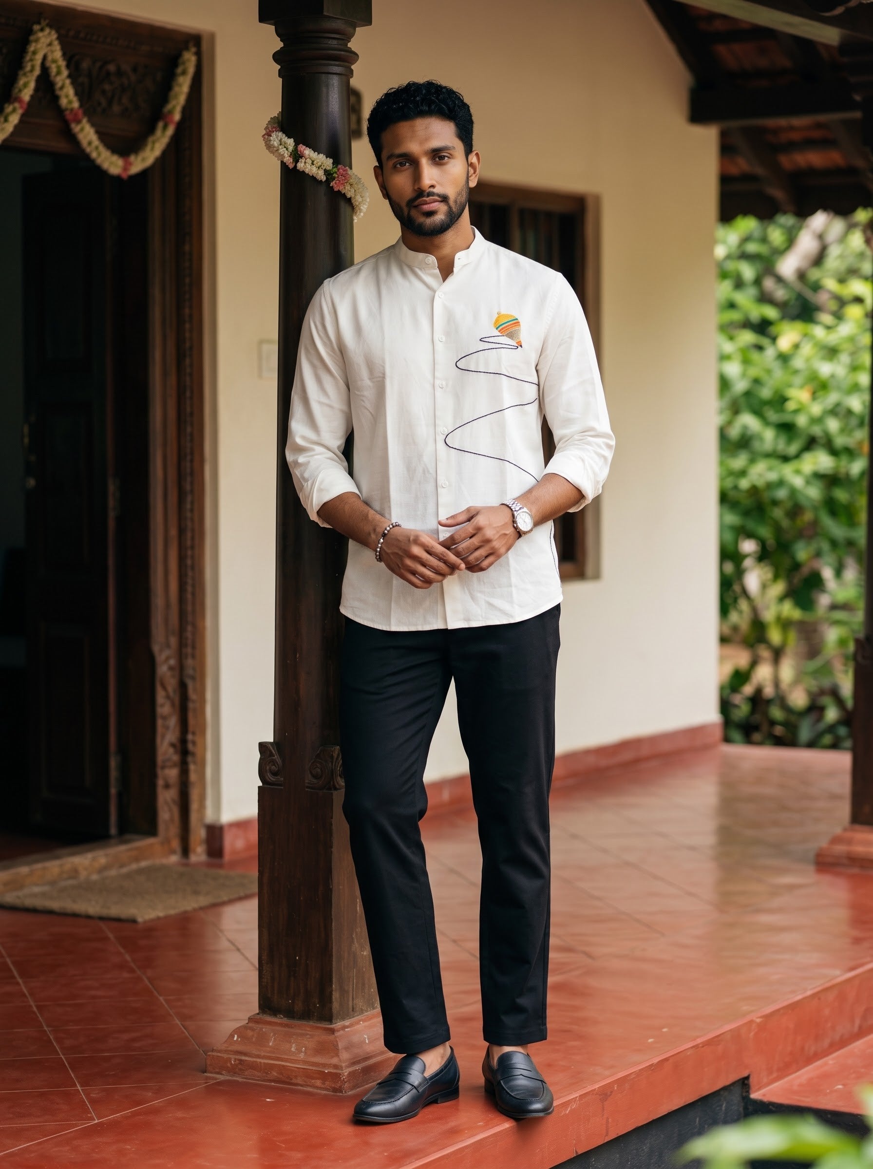 Men's White Spinning Top Embroidery Onam Special Shirt