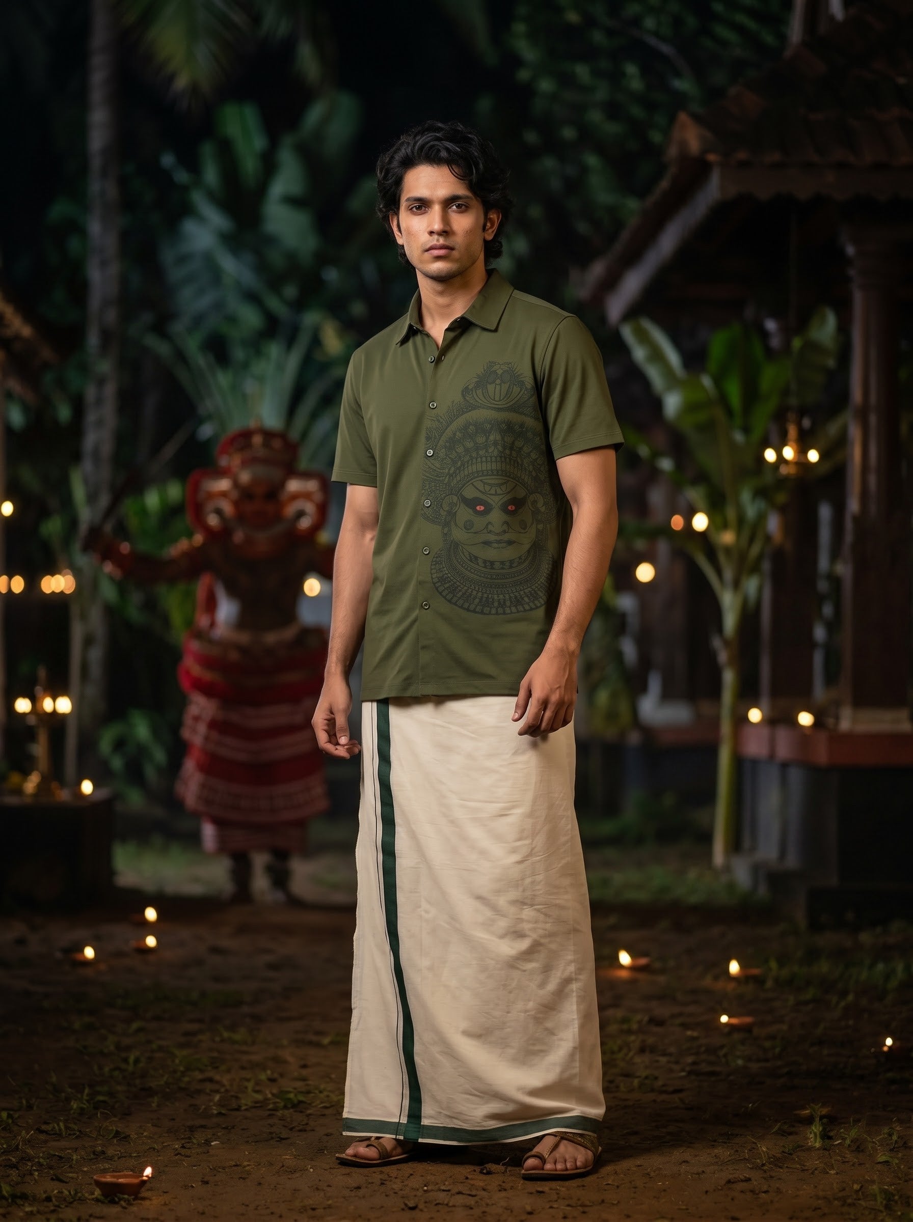 Men's Trigene Knit Dark Green Color Regular Fit Theyyam Printed Shirt