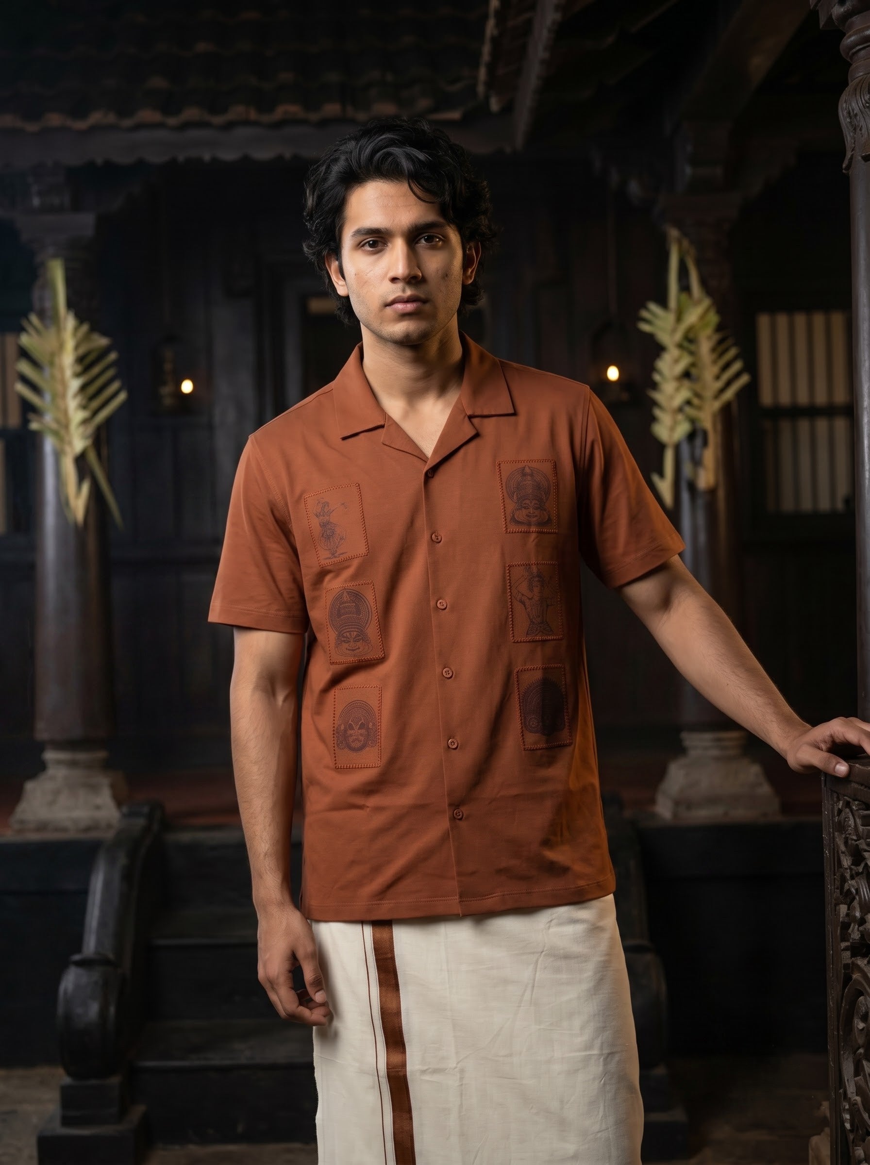 Men's Trigene Knit Brick Red Color Regular Fit Embroidered Shirt