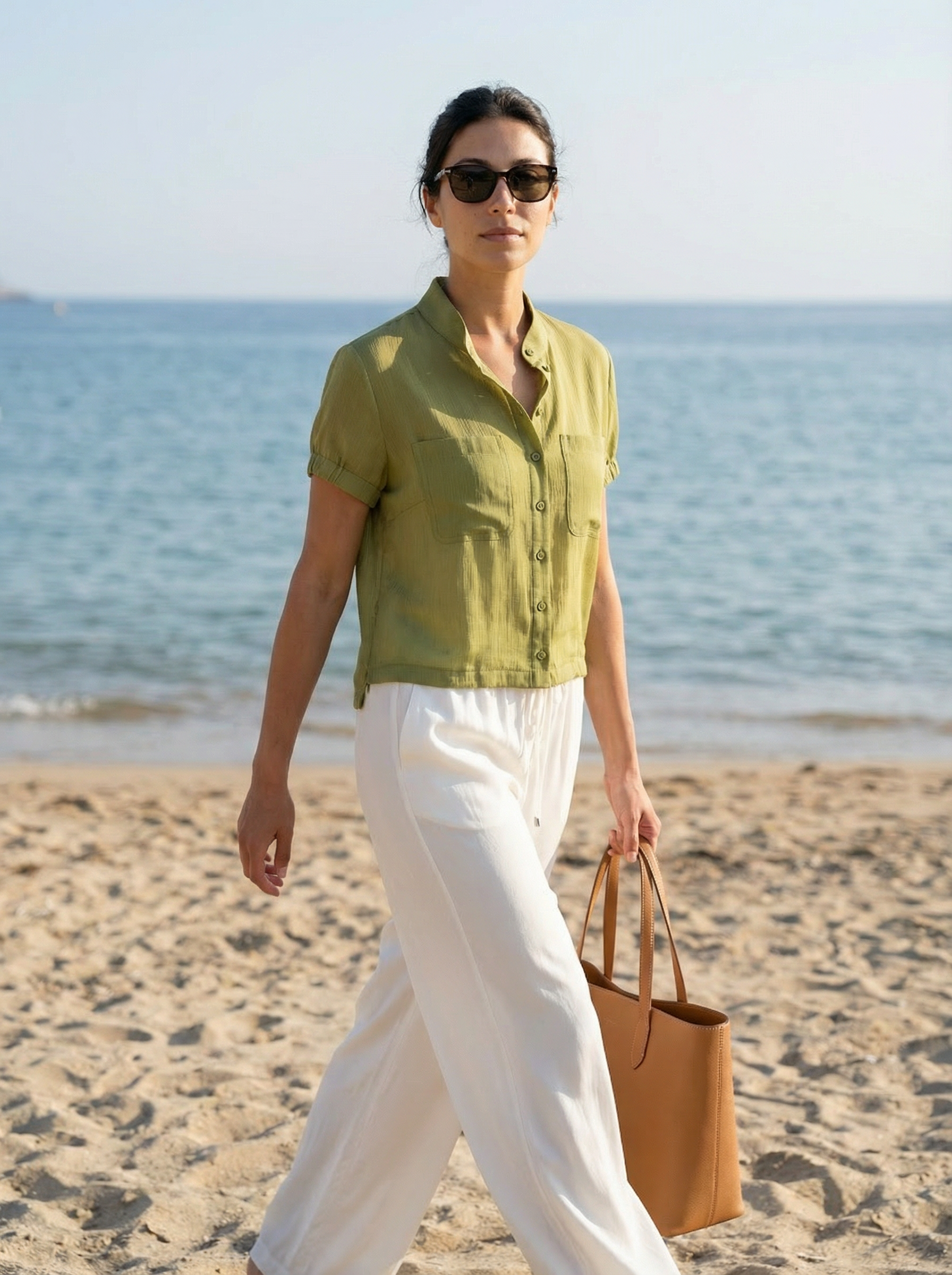 Green Regular Fit Chinese Collar Shirt