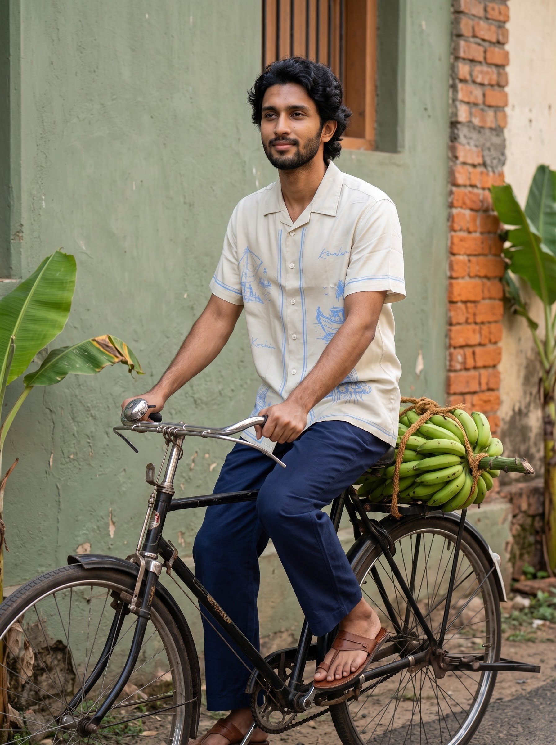A man riding a vintage bicycle outdoors against a textured green wall, wearing a cream-colored short-sleeve button-up shirt with light blue patterns and dark blue trousers. A bunch of green bananas is strapped to the back of the bicycle.