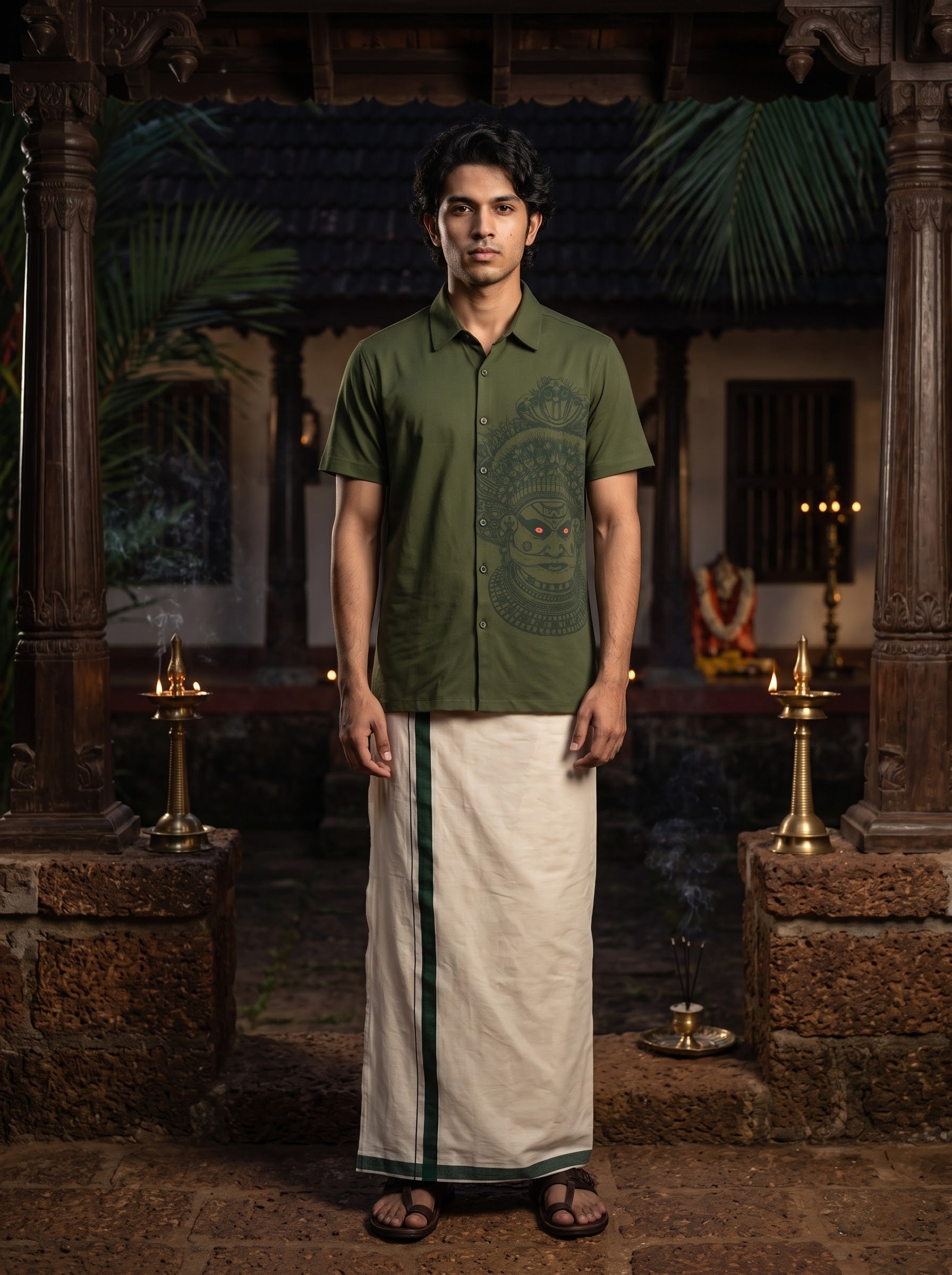 Men's Trigene Knit Dark Green Color Regular Fit Theyyam Printed Shirt