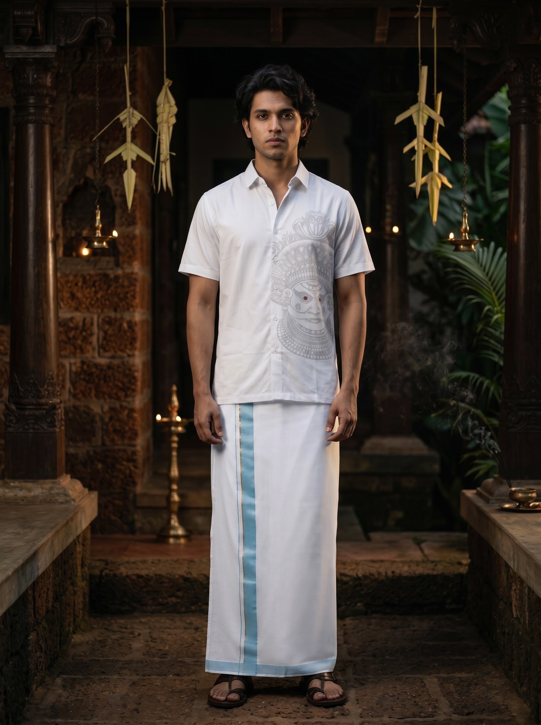 Men's Trigene Knit White Color Regular Fit Theyyam Printed Shirt