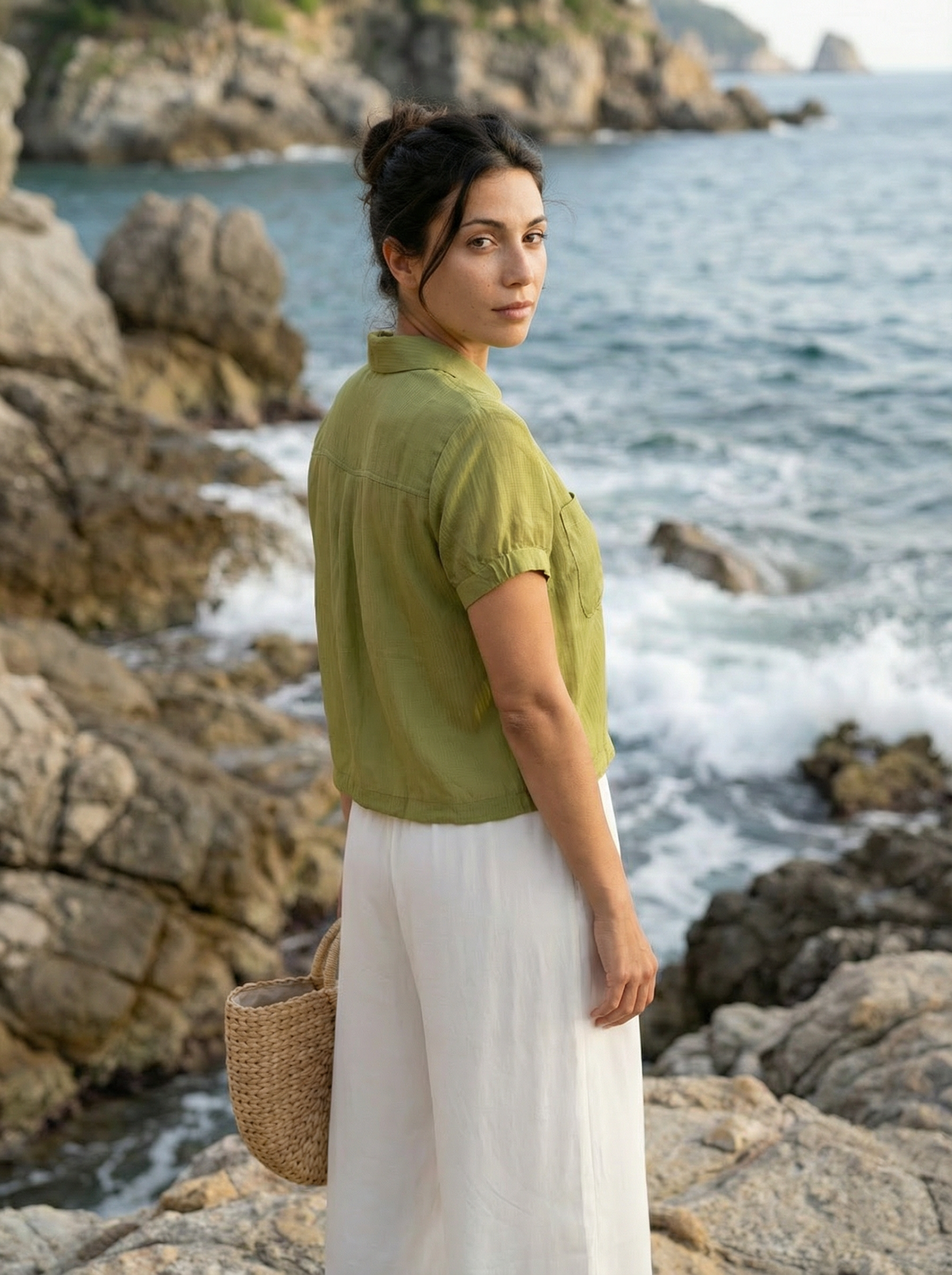 Green Regular Fit Chinese Collar Shirt