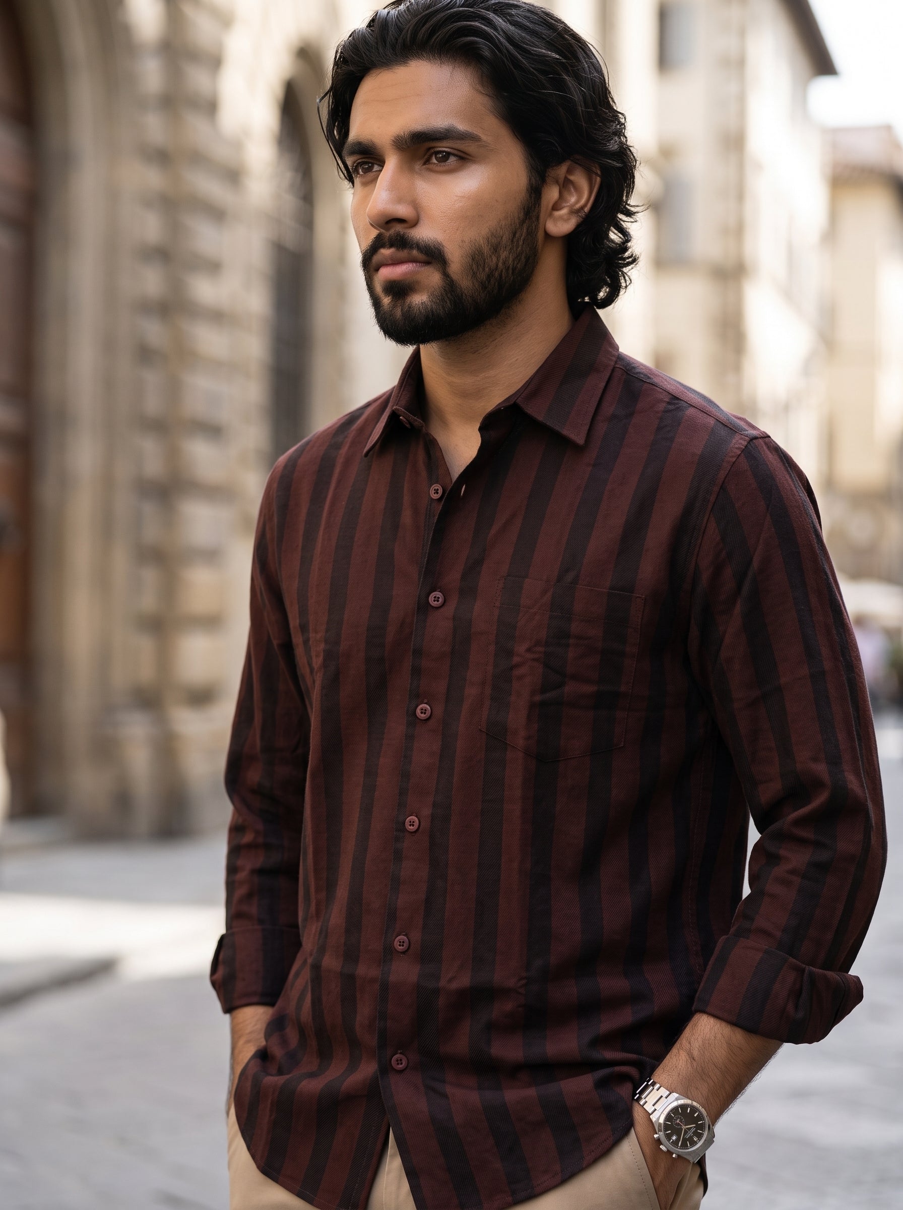 Men's Cotton Stripes Copper Regular Fit Shirt