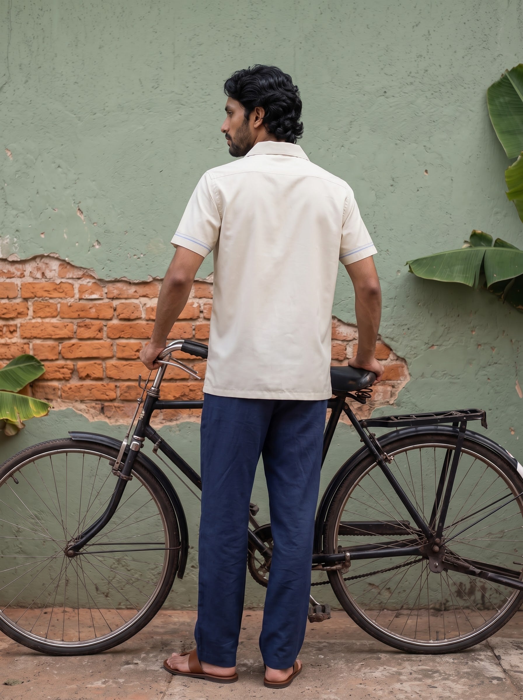 A man stands with a vintage black bicycle against a textured green wall with exposed brick, wearing a light beige short-sleeve button-up shirt and navy blue trousers.