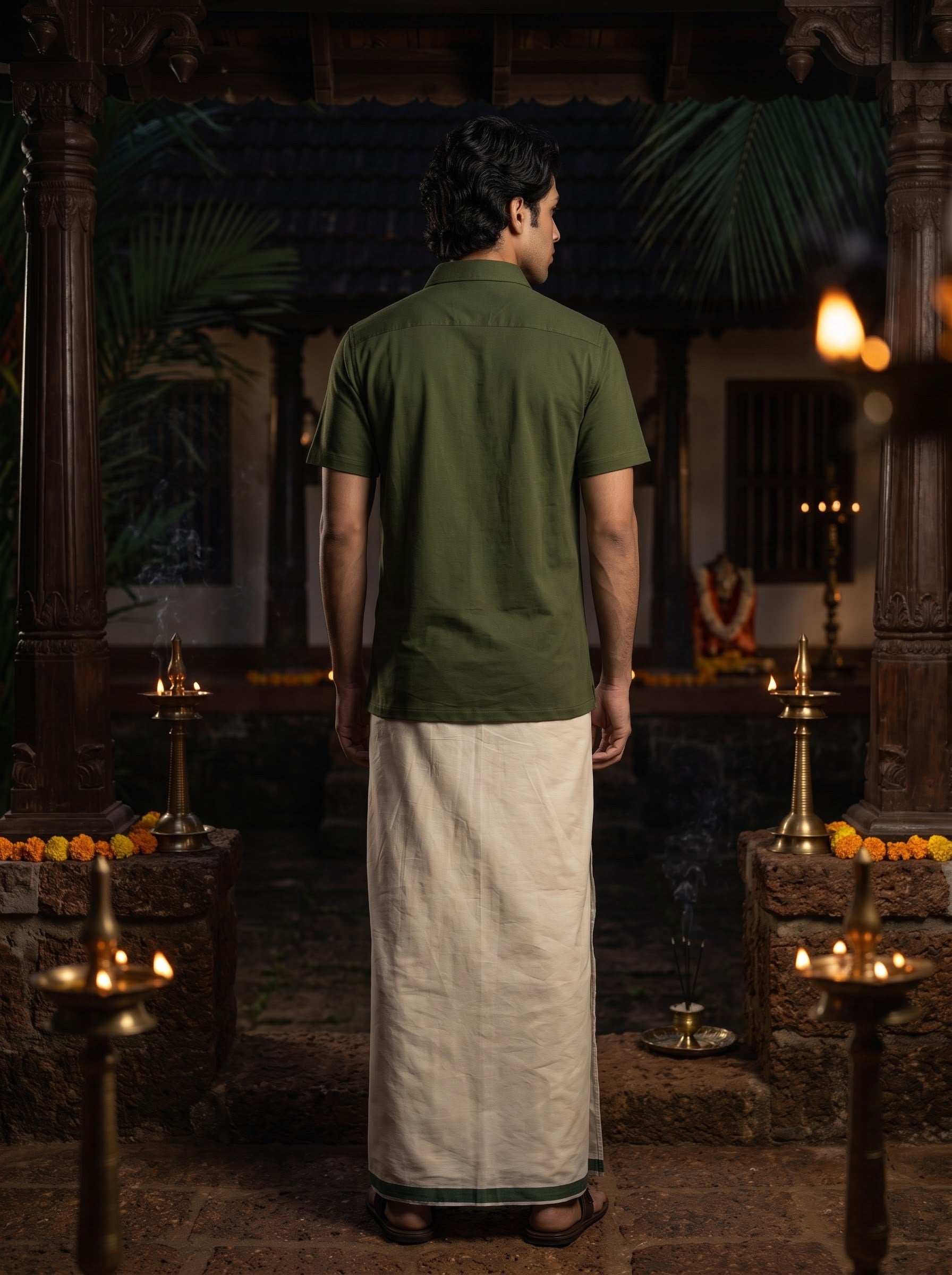 Men's Trigene Knit Dark Green Color Regular Fit Theyyam Printed Shirt