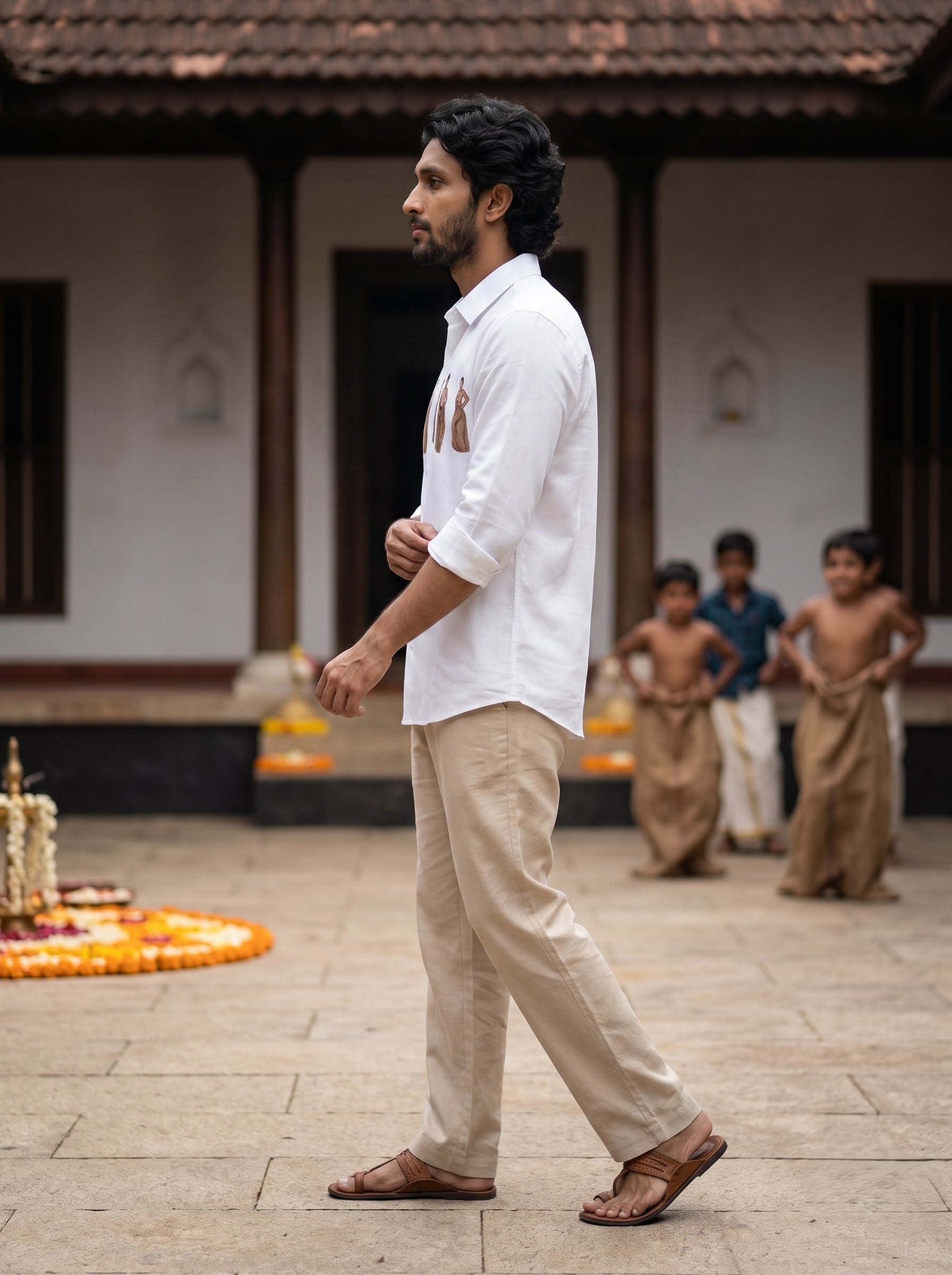 A man in a white long-sleeve shirt and beige trousers walking in a courtyard, with children blurred in the background.