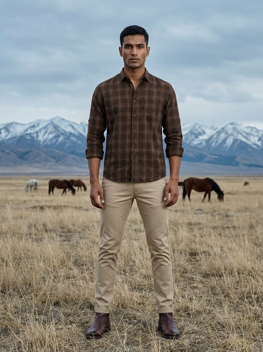 Men’s Brown Relaxed Fit Checked Shirt