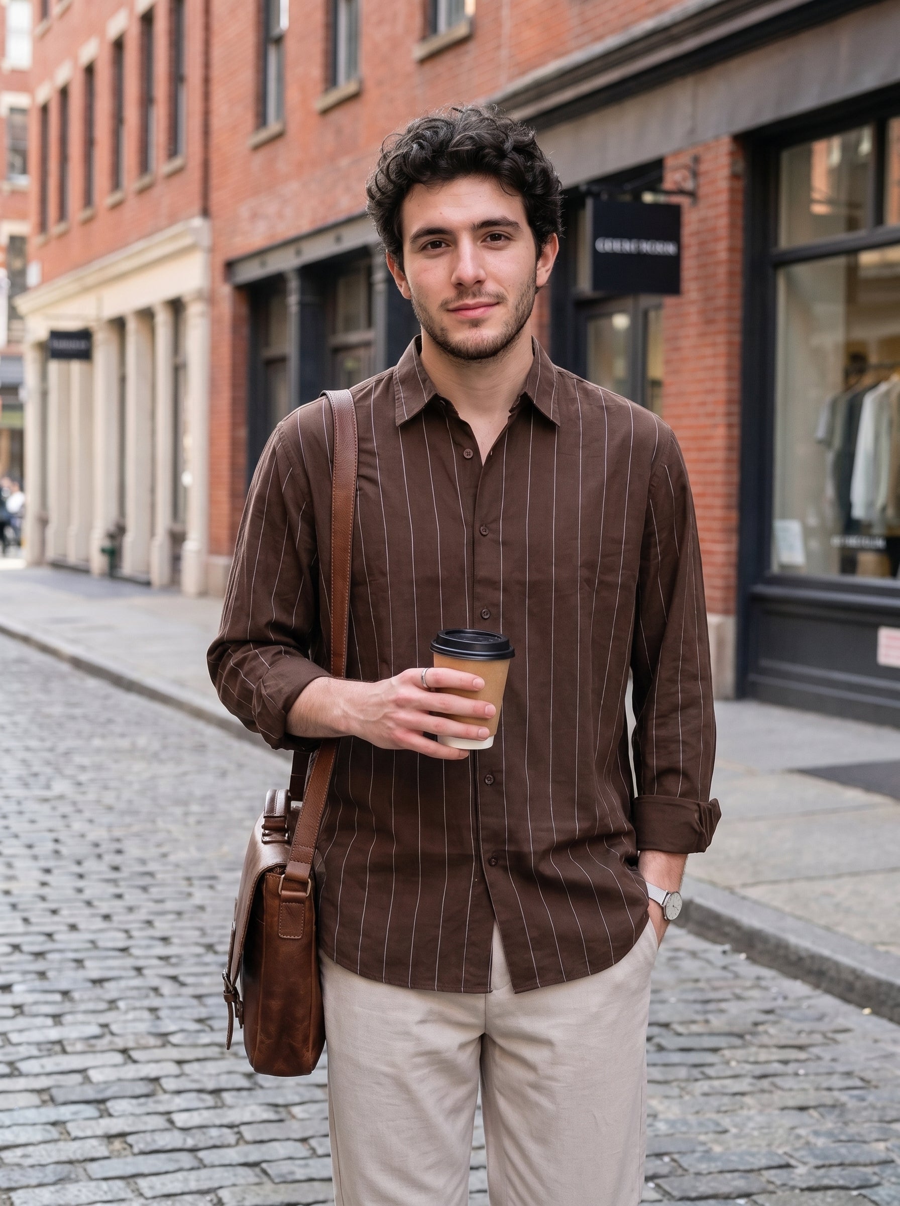Men's Cotton Modal Stripes Brown Regular Fit Shirt