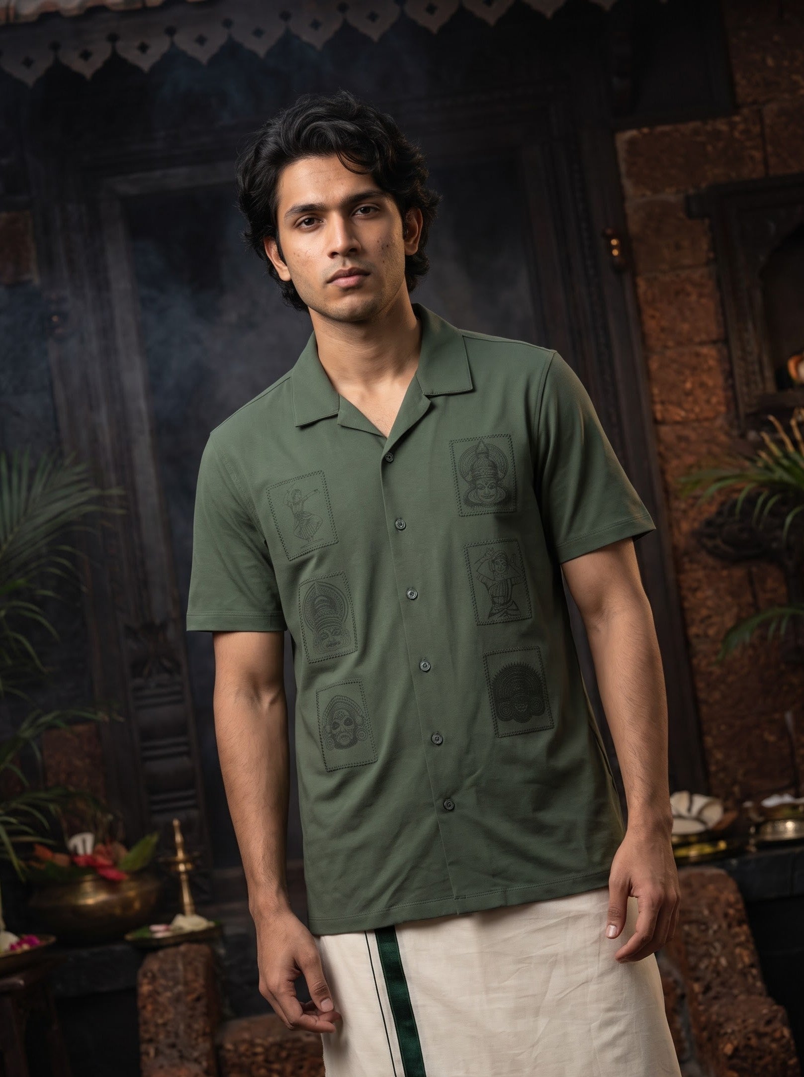 Men's Trigene Knit Dark Green Color Regular Fit  Embroidered Shirt