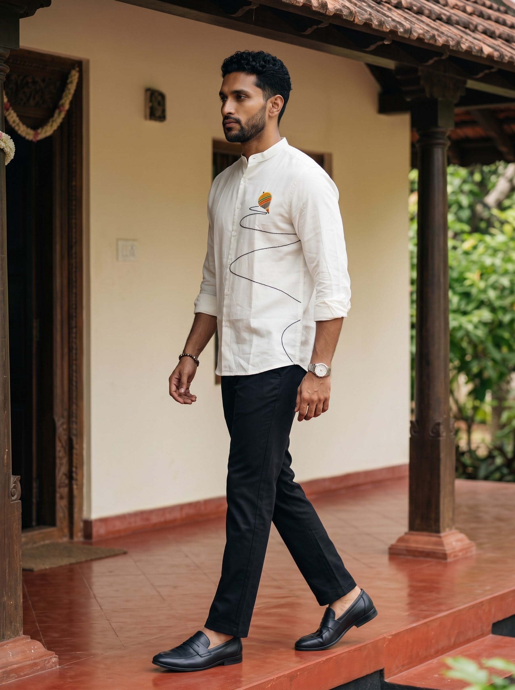 Men's White Spinning Top Embroidery Onam Special Shirt