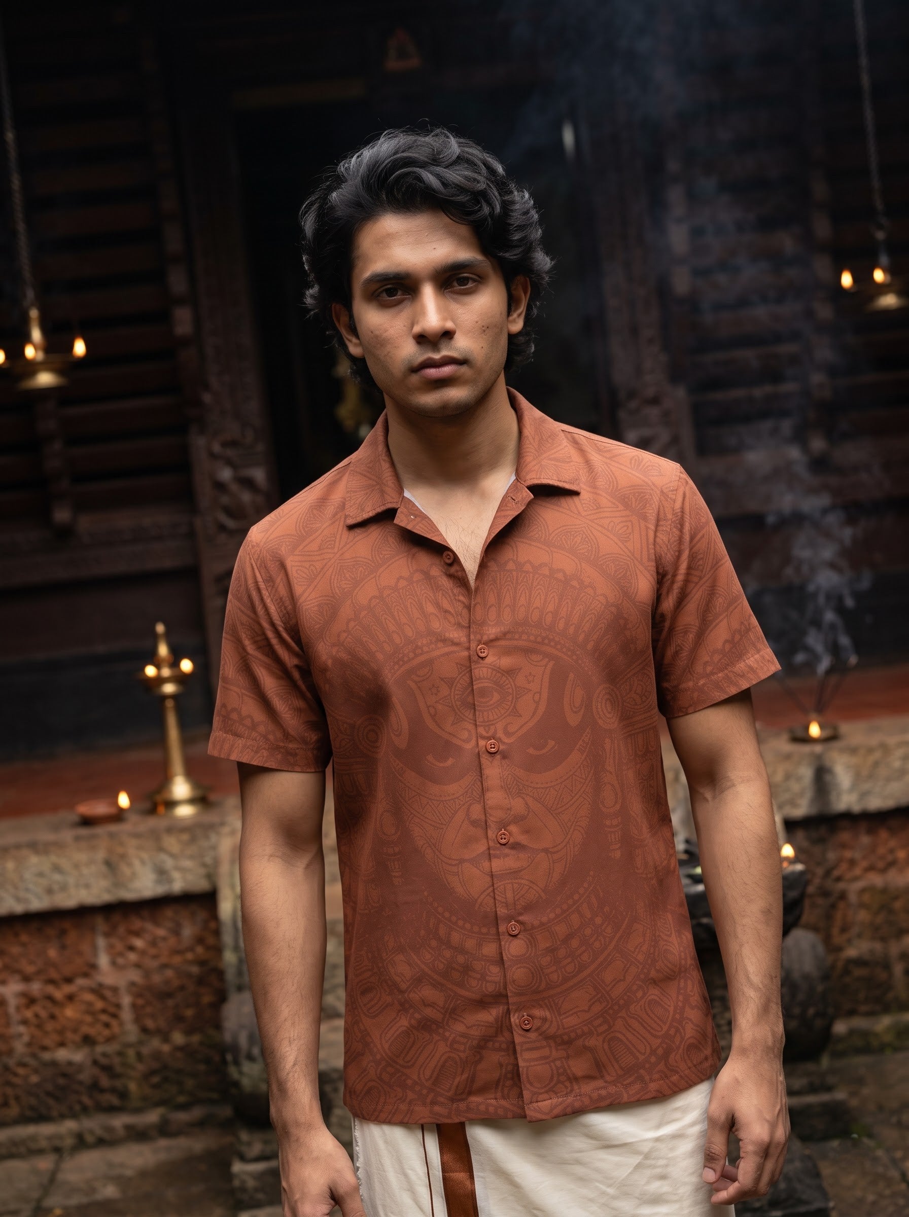 Men's Trigene Knit Brick Red Color Regular Fit  Allover Printed Shirt