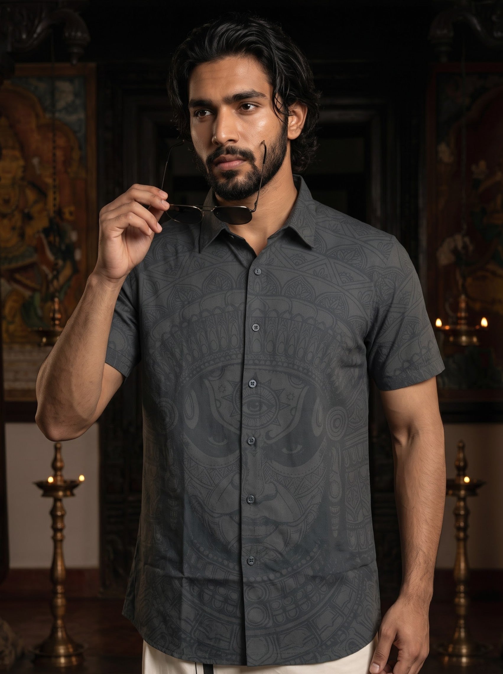 Men's Trigene Knit Grey Color Regular Fit  Allover Printed Shirt