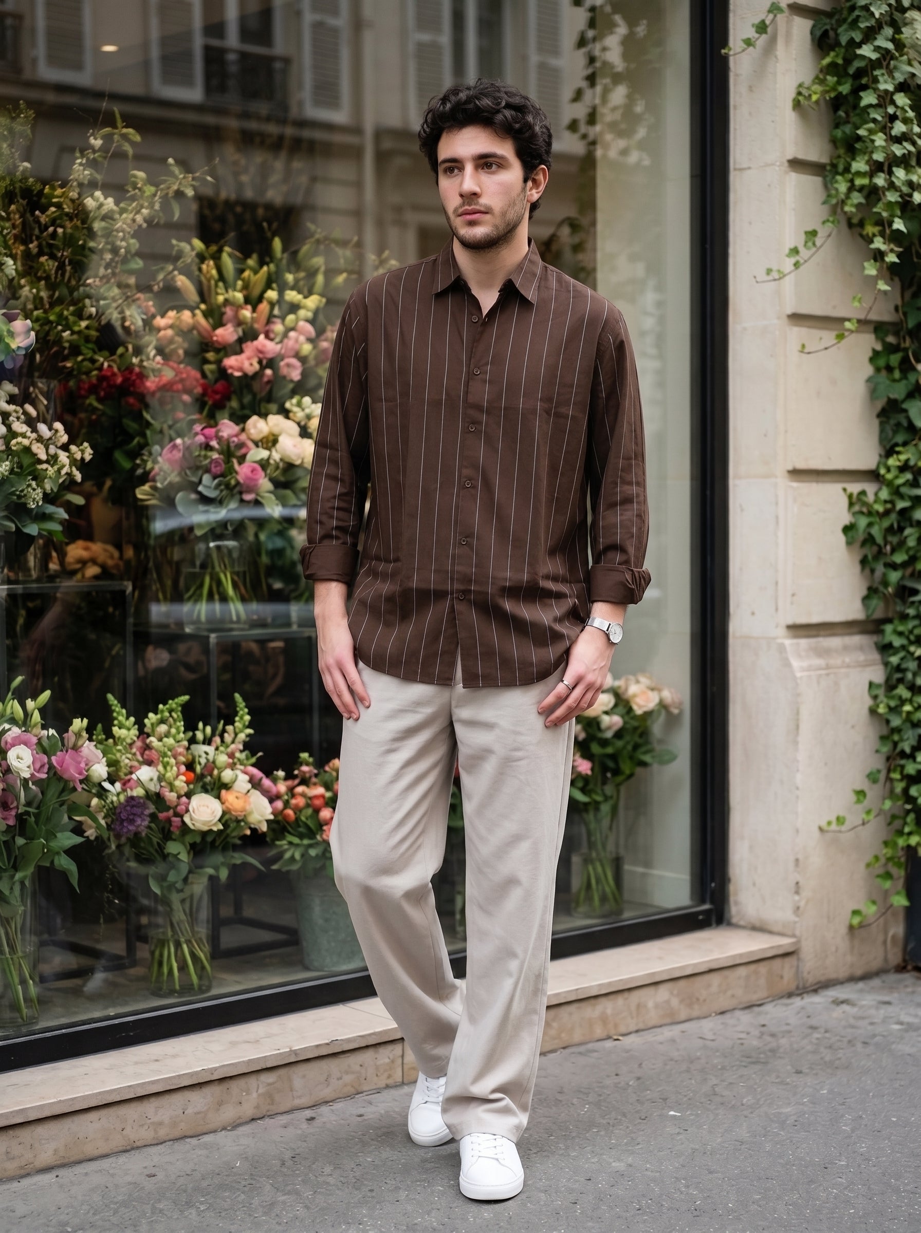 Men's Cotton Modal Stripes Brown Regular Fit Shirt