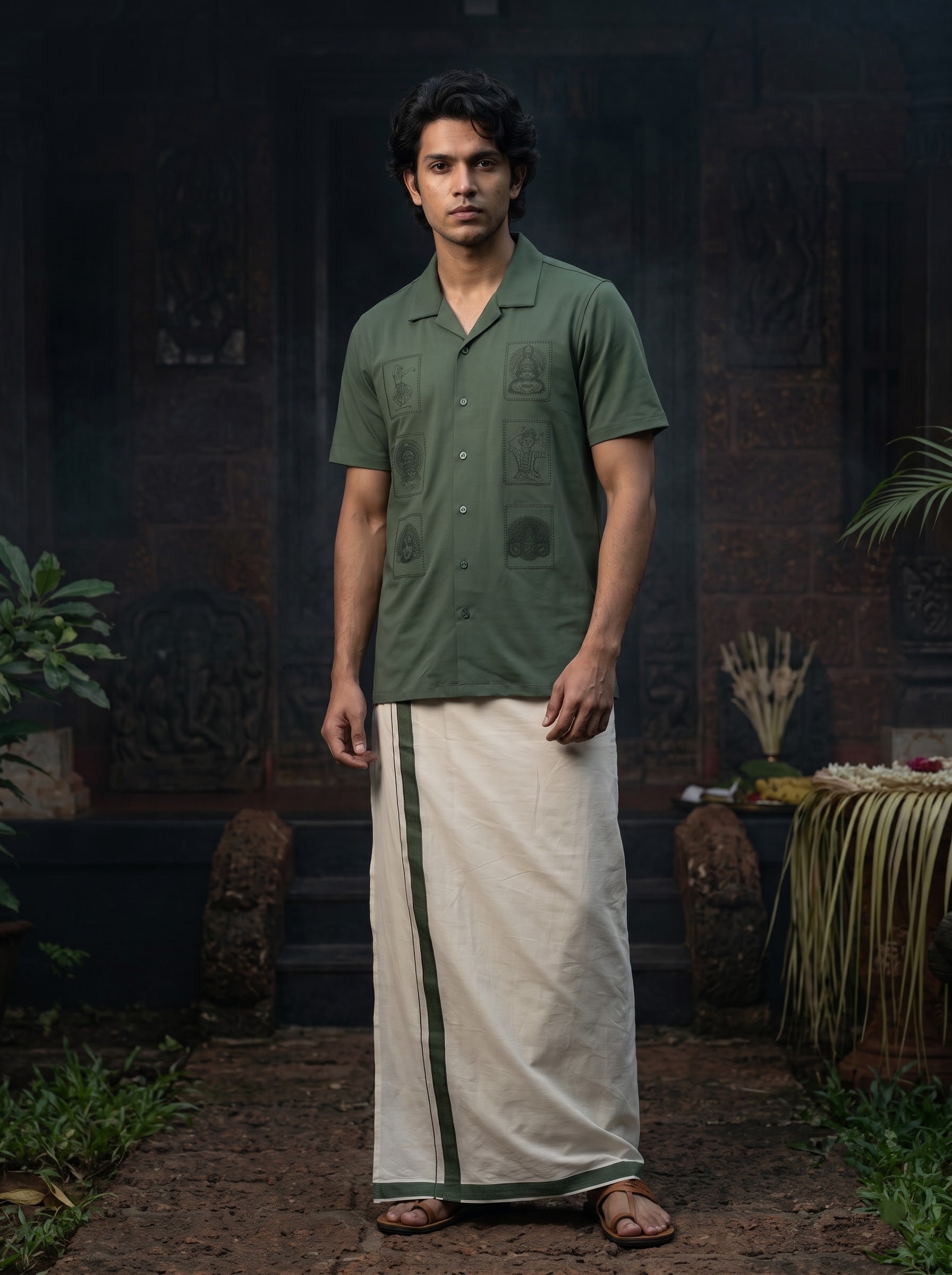 Men's Trigene Knit Dark Green Color Regular Fit  Embroidered Shirt