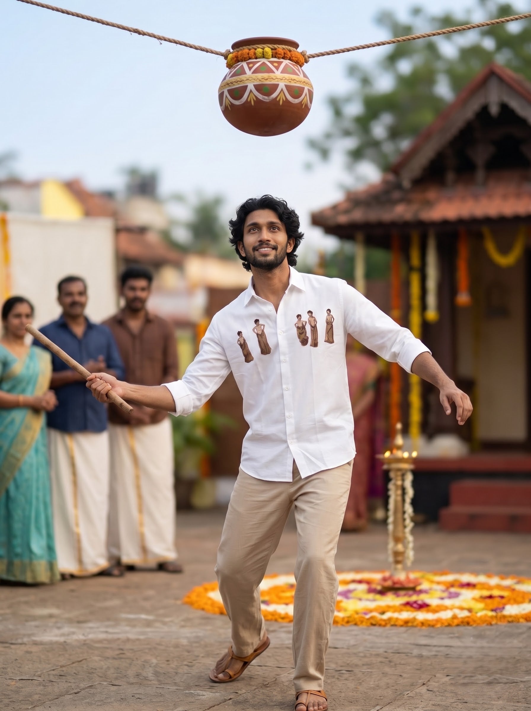 A man in a white button-up shirt and beige pants swings a wooden mace at a hanging clay pot in an outdoor village setting with other people and a temple structure in the background.