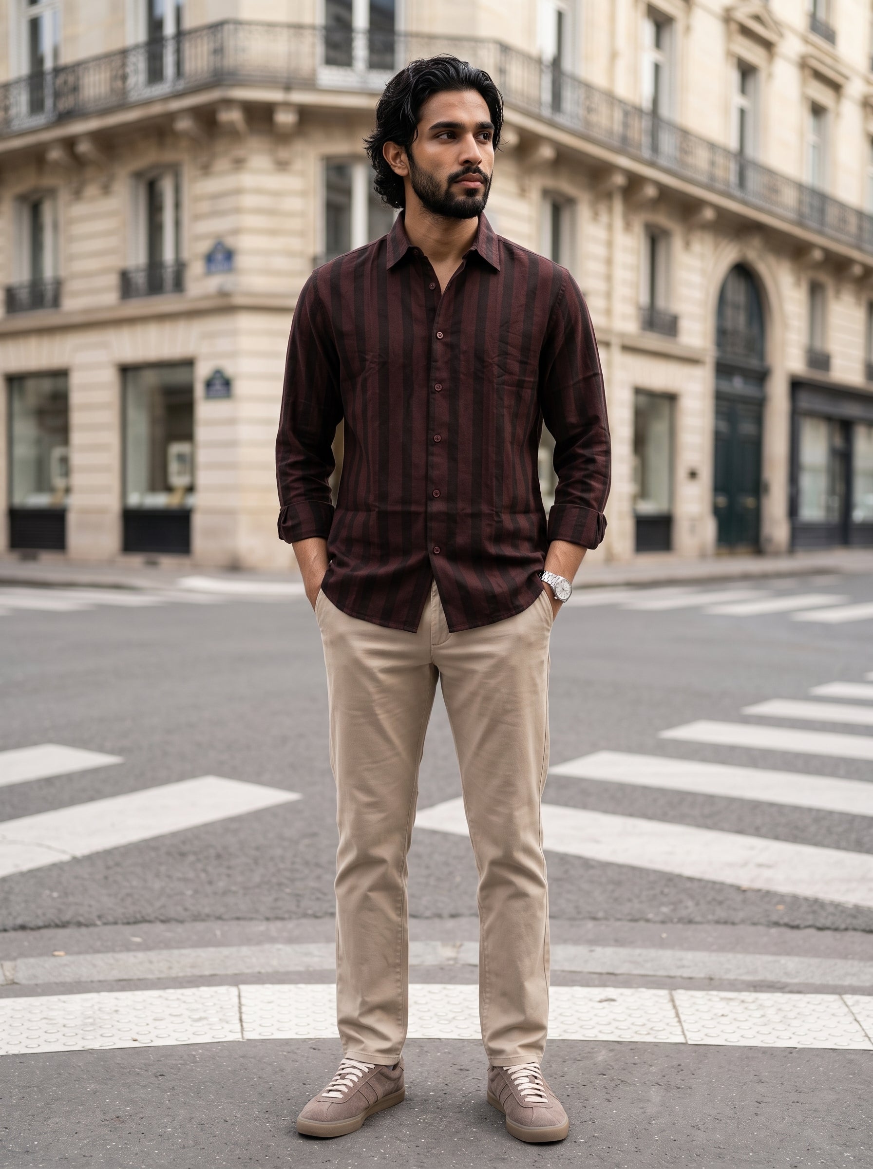Men's Cotton Stripes Copper Regular Fit Shirt