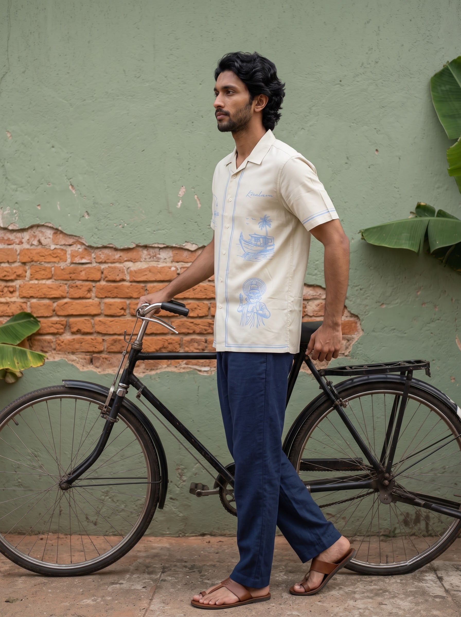A man wearing a cream-colored short-sleeve button-up shirt with light blue graphics and dark blue pants stands next to a black bicycle against a textured green wall with a brick section.