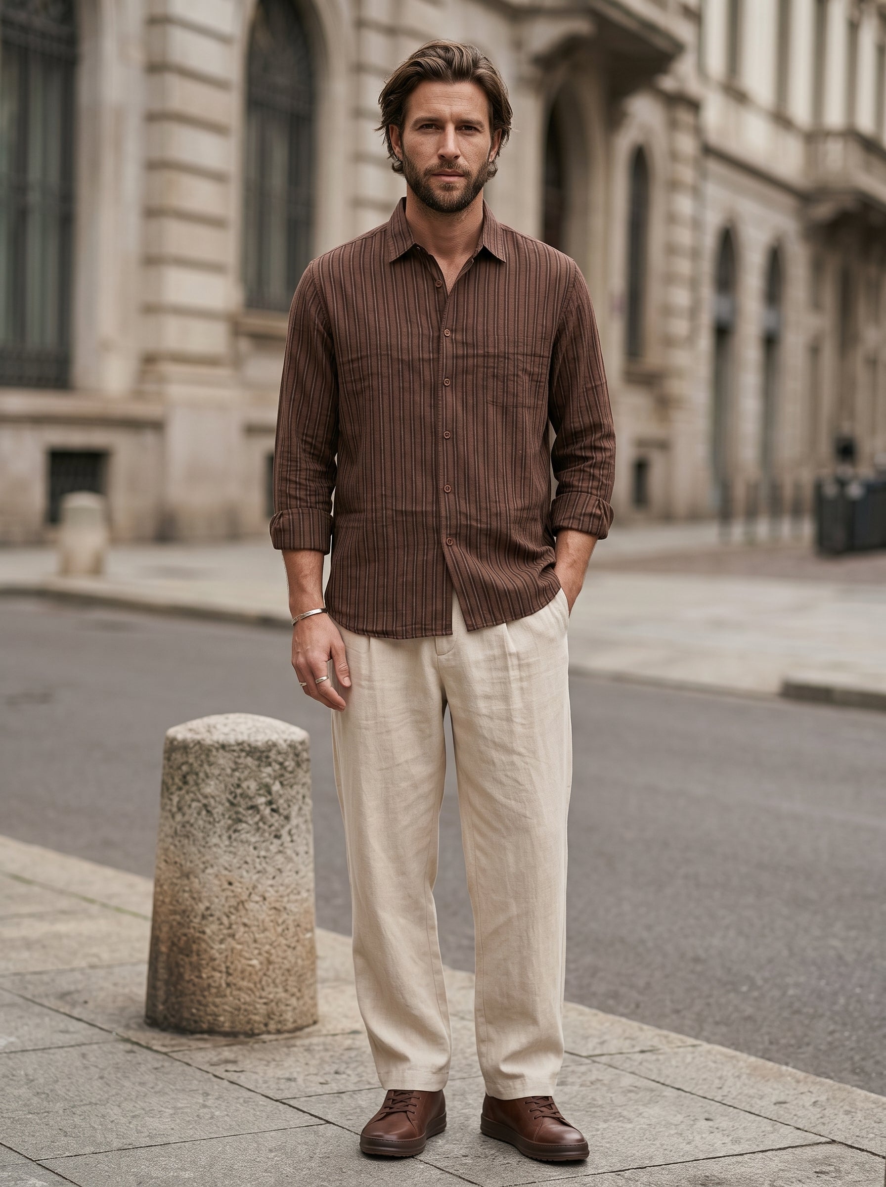 Men's Cotton Stripes Walnut Regular Fit Shirt