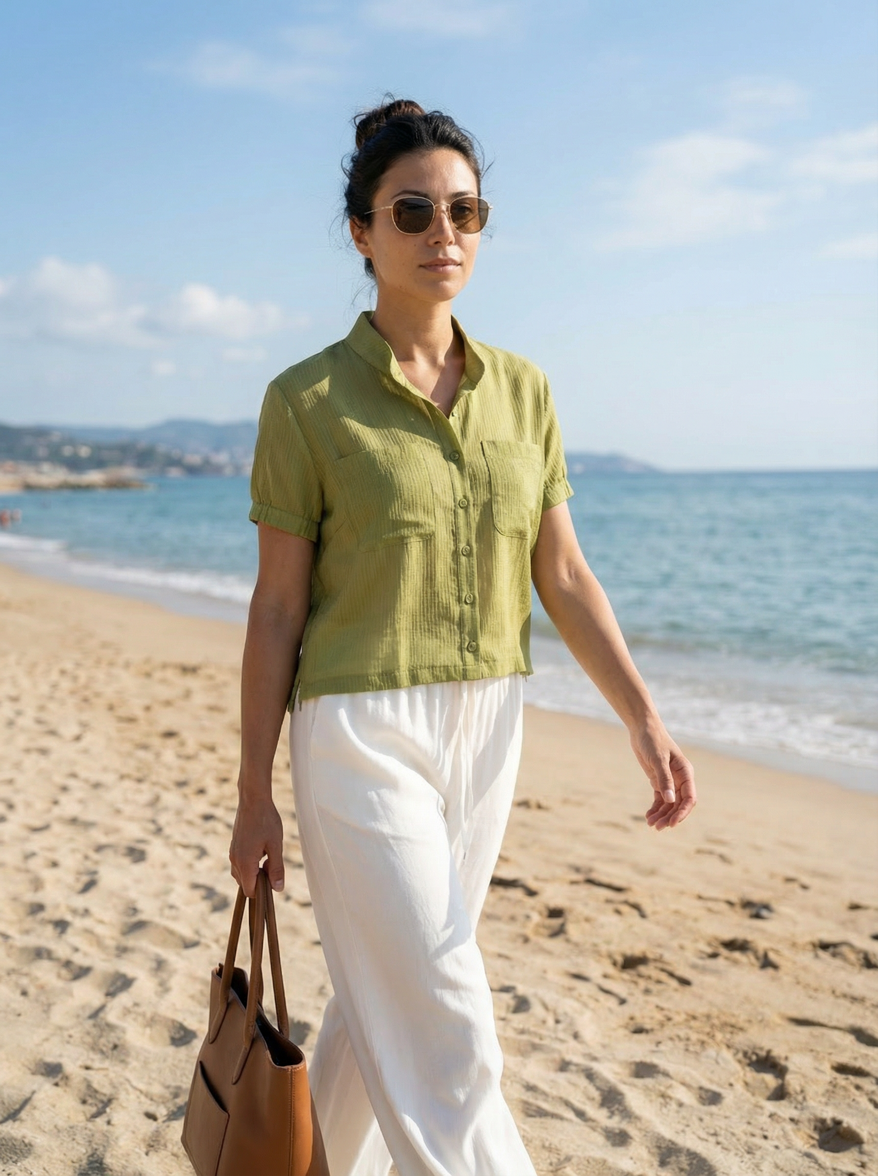 Green Regular Fit Chinese Collar Shirt