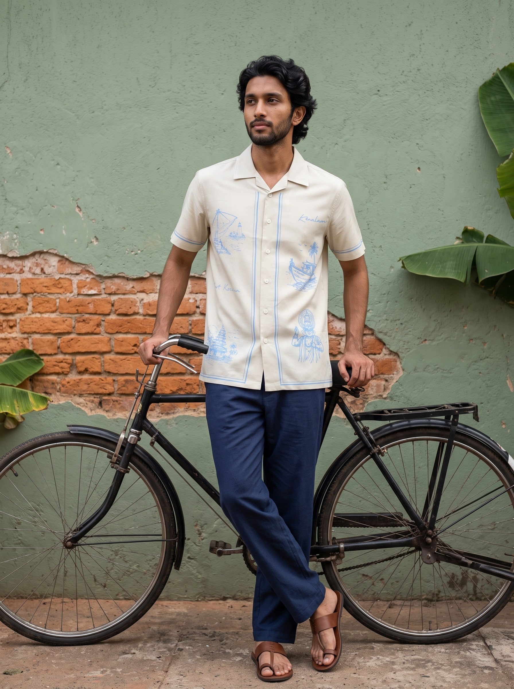 A man stands next to a vintage black bicycle against a textured green wall, wearing a cream-colored short-sleeve button-up shirt with light blue illustrations, navy blue pants, and brown sandals.