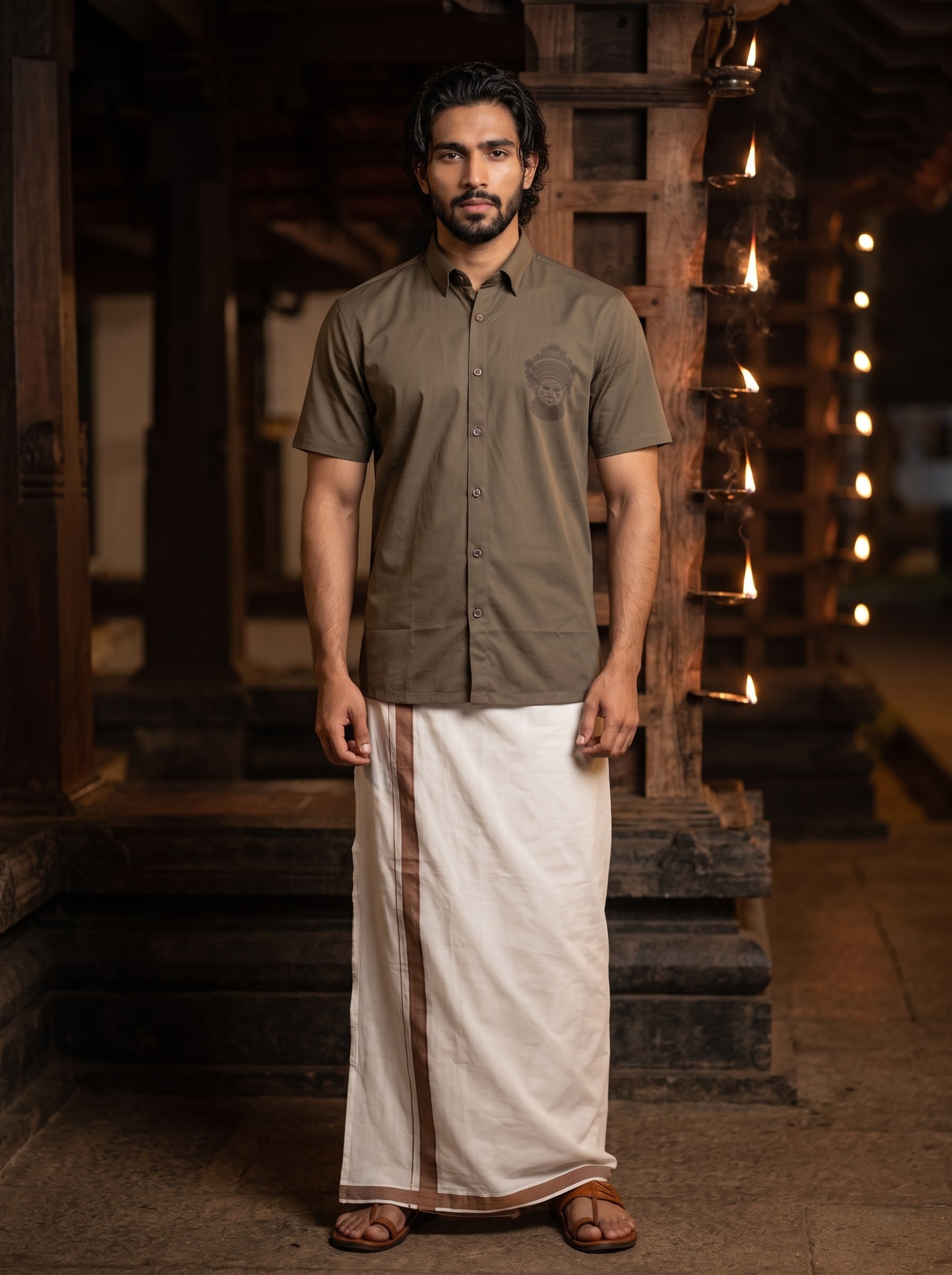 Men's Trigene Knit Wood Color Regular Fit Theyyam Printed Shirt