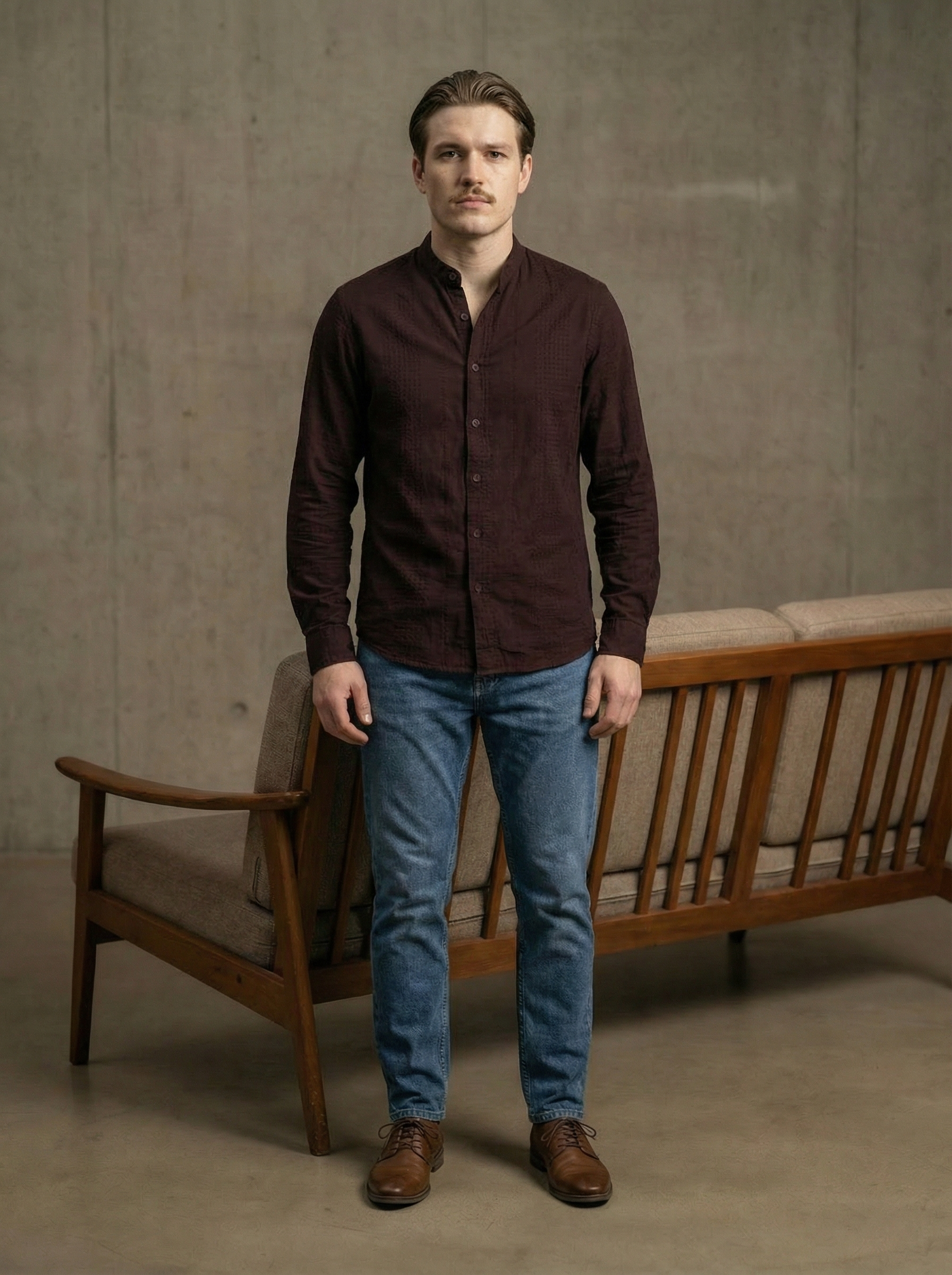 Wine Velvet Cotton Lycra Fazyo Regular Fit Mandarin Collar Full Sleeve Shirt