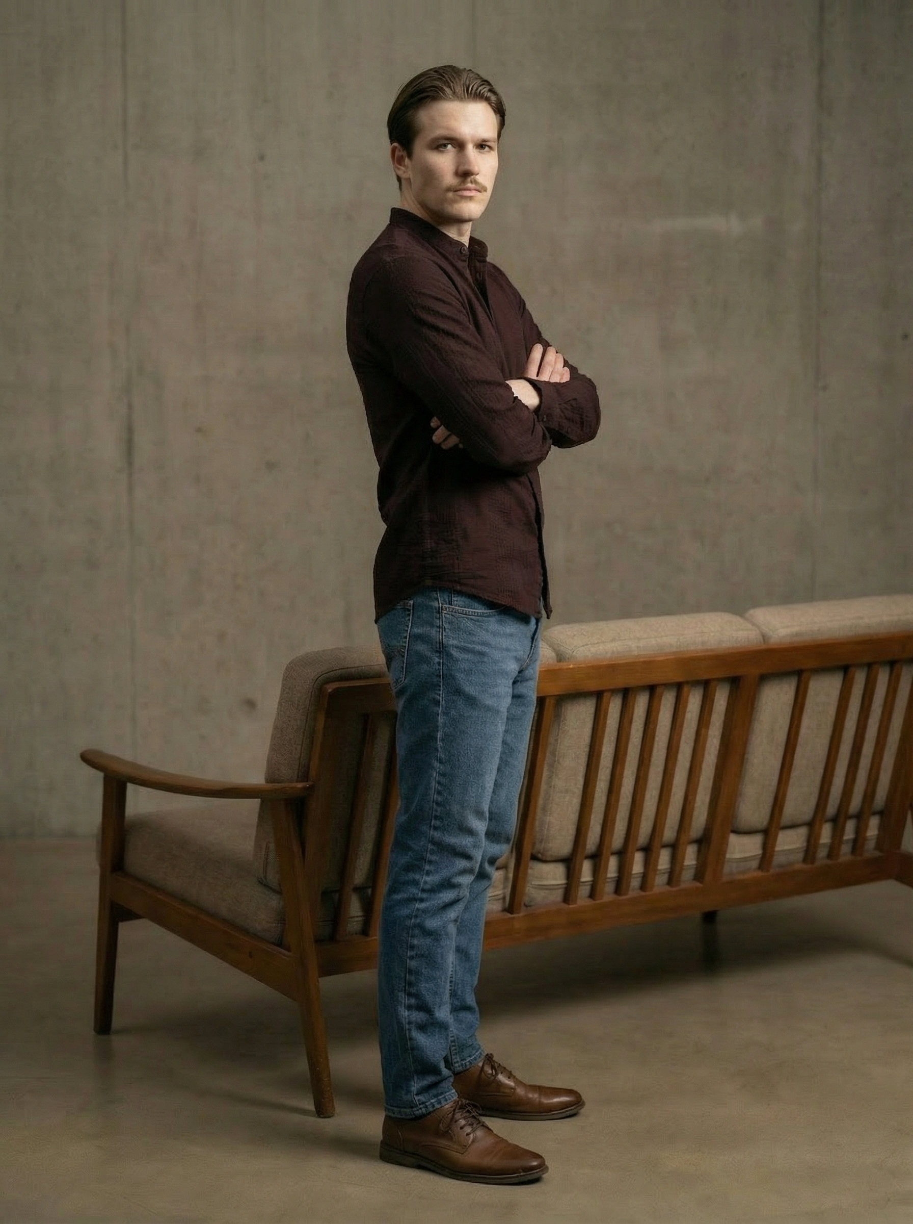 Wine Velvet Cotton Lycra Fazyo Regular Fit Mandarin Collar Full Sleeve Shirt