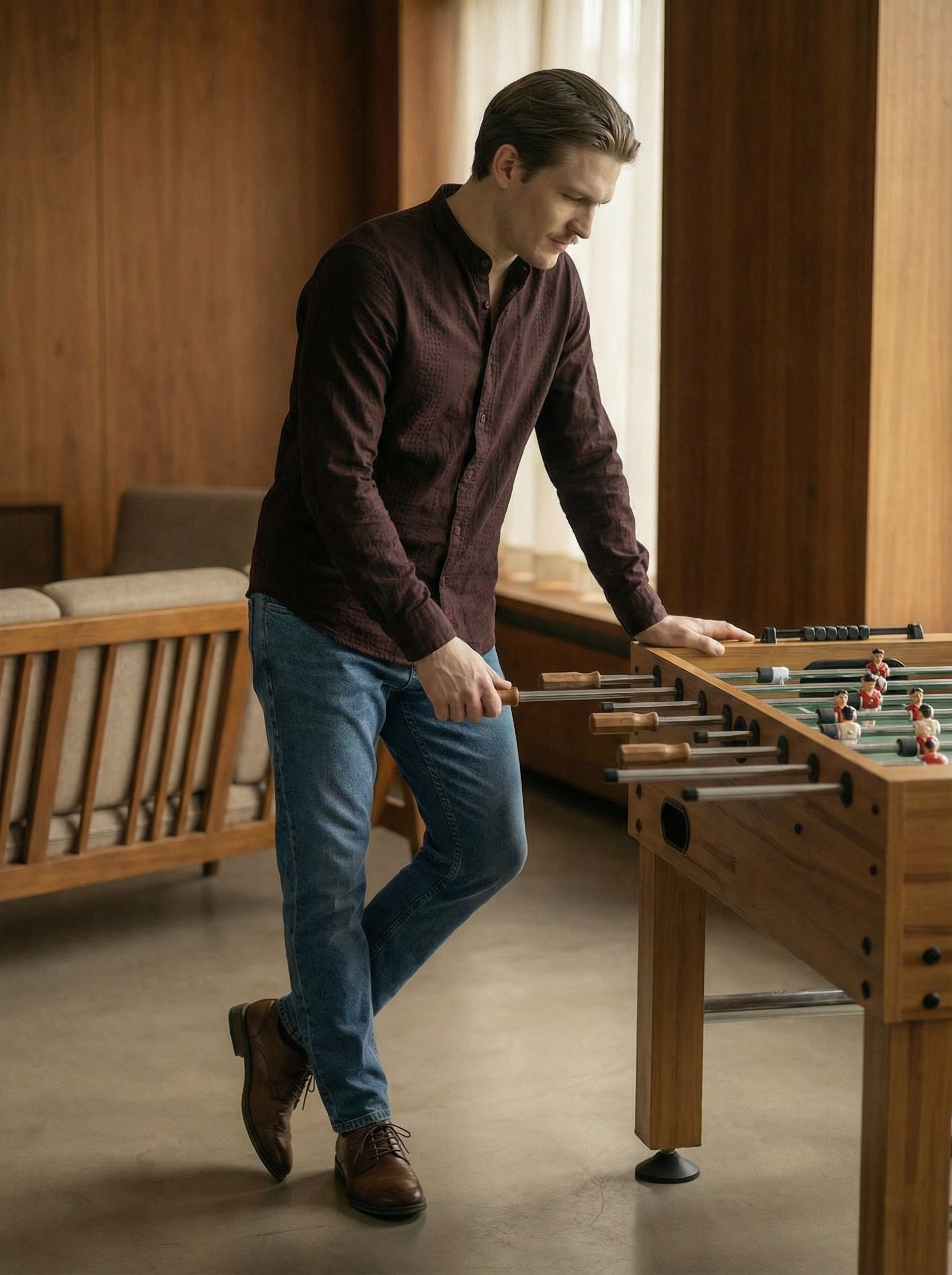 Wine Velvet Cotton Lycra Fazyo Regular Fit Mandarin Collar Full Sleeve Shirt