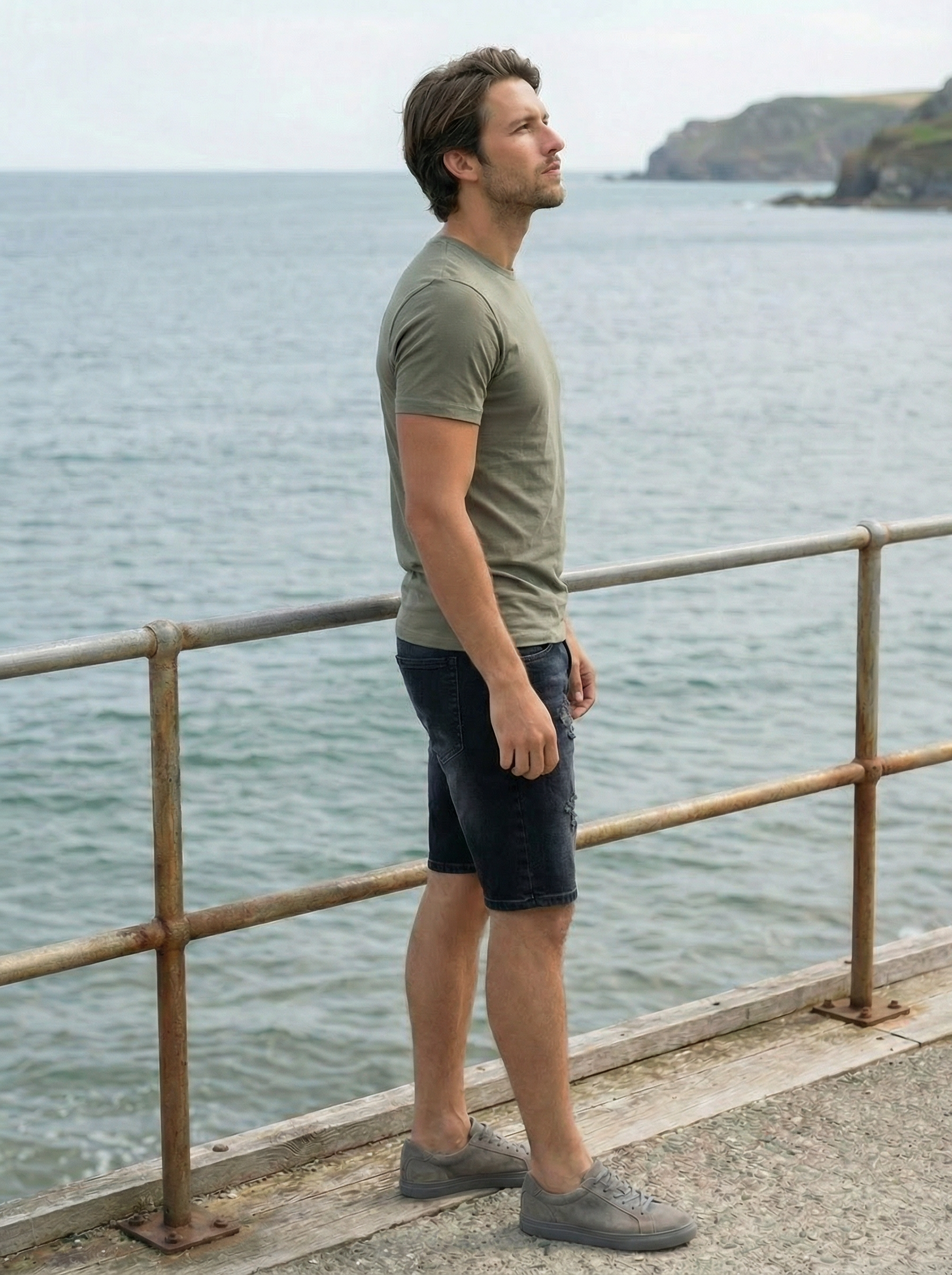 Men’s Light Grey Slim Fit Cotton Stretch Denim Shorts