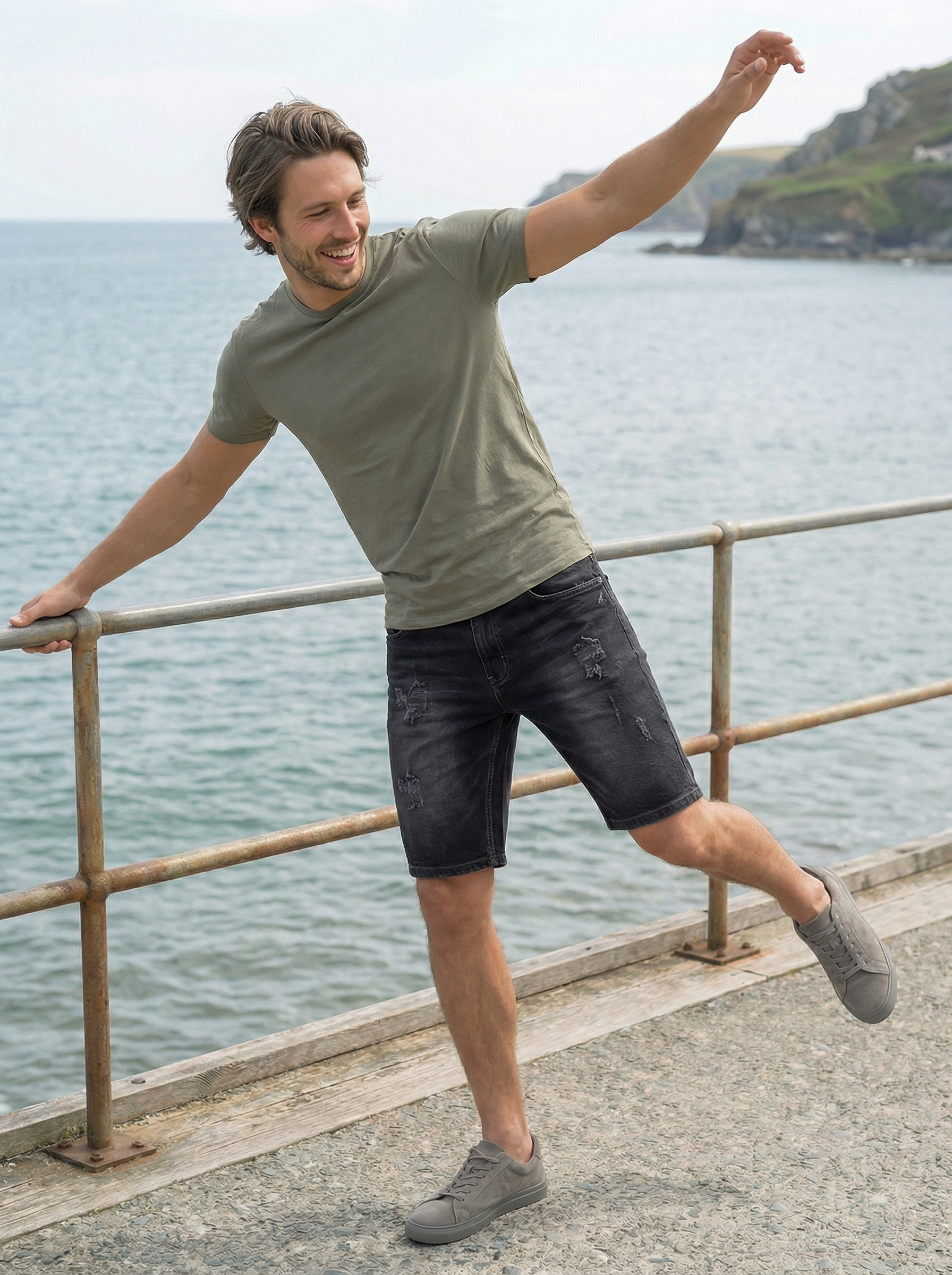 Men’s Light Grey Slim Fit Cotton Stretch Denim Shorts