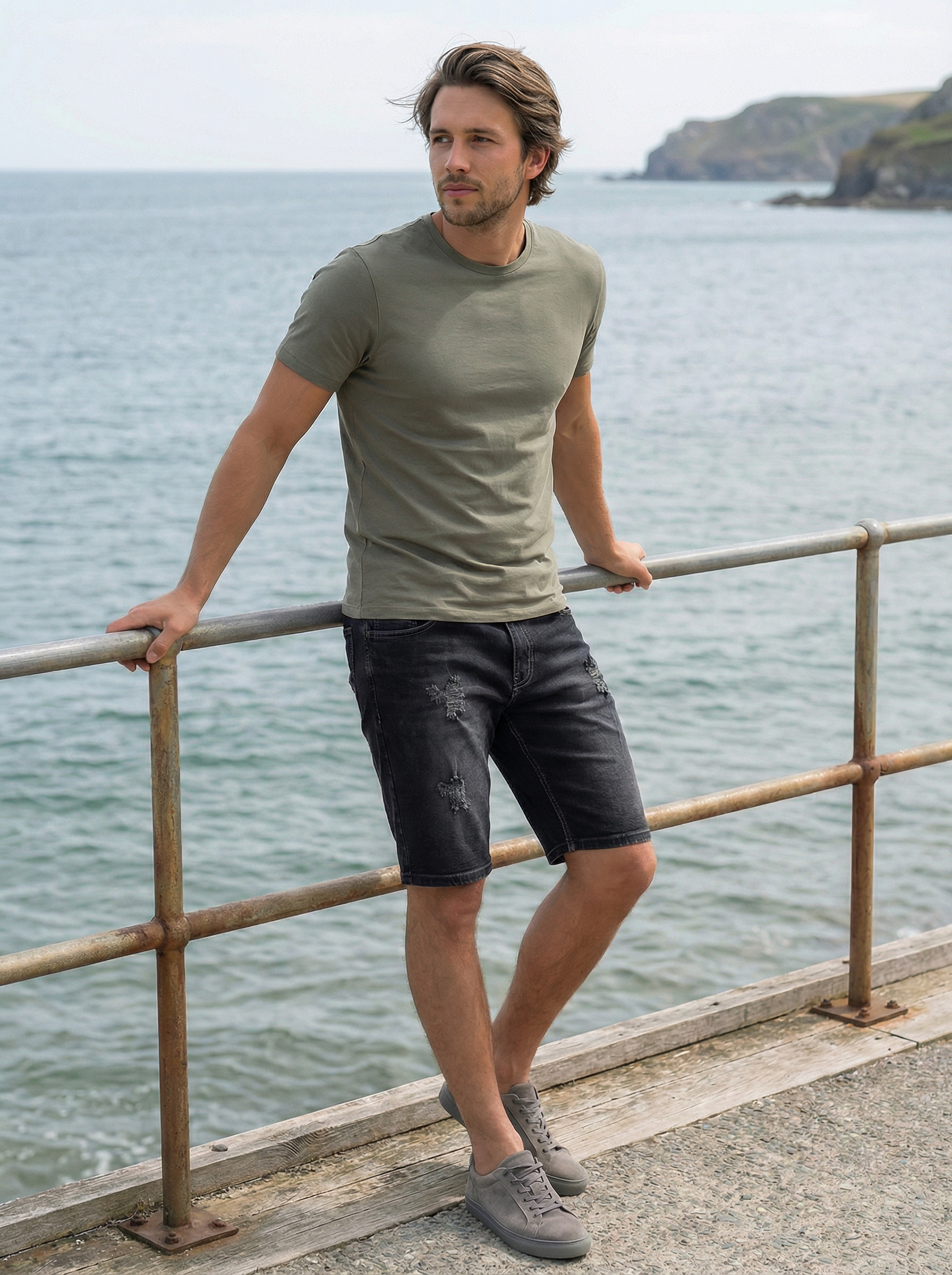 Men’s Light Grey Slim Fit Cotton Stretch Denim Shorts