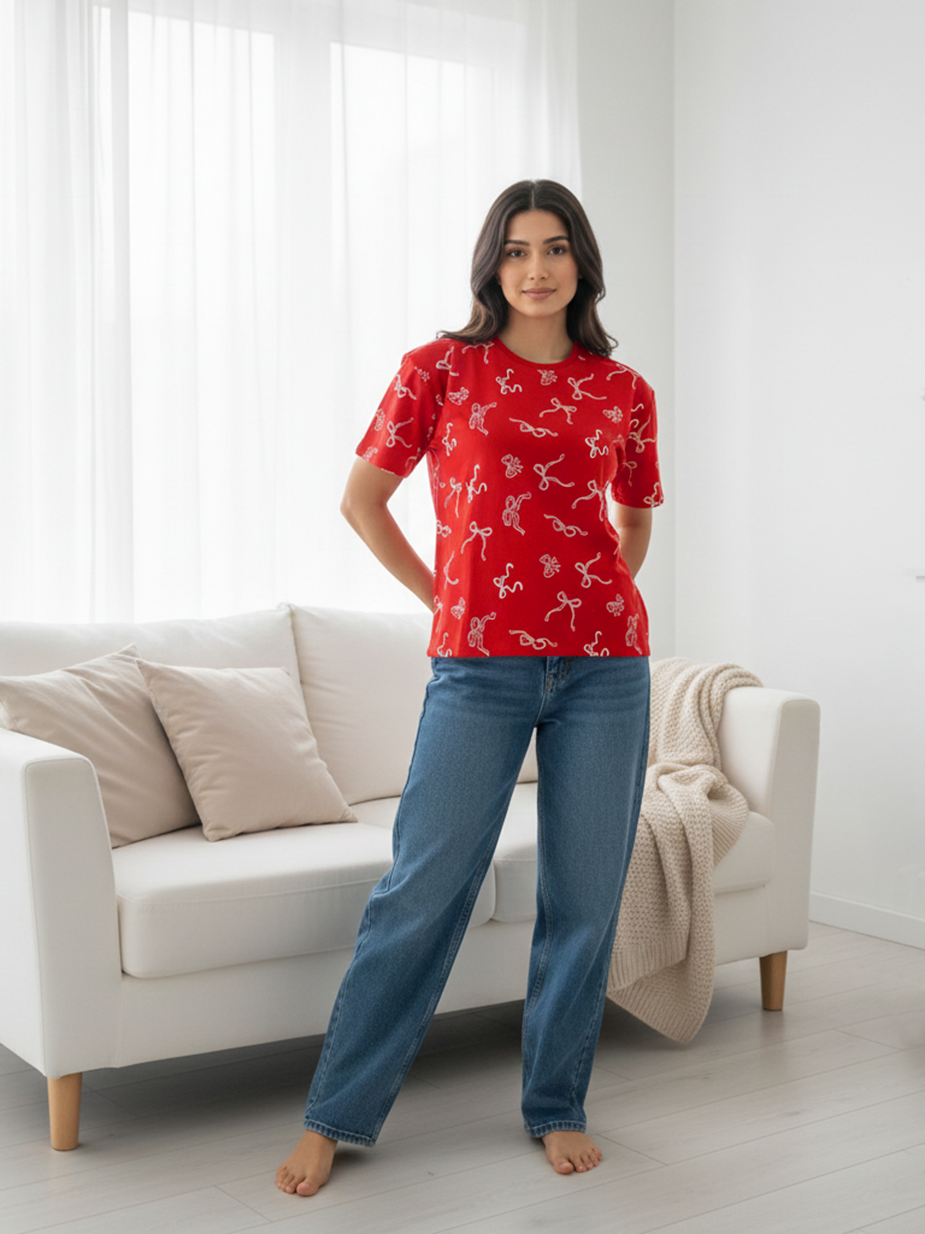 Women’s Red Printed Cotton T-Shirt with All-Over Bow Design