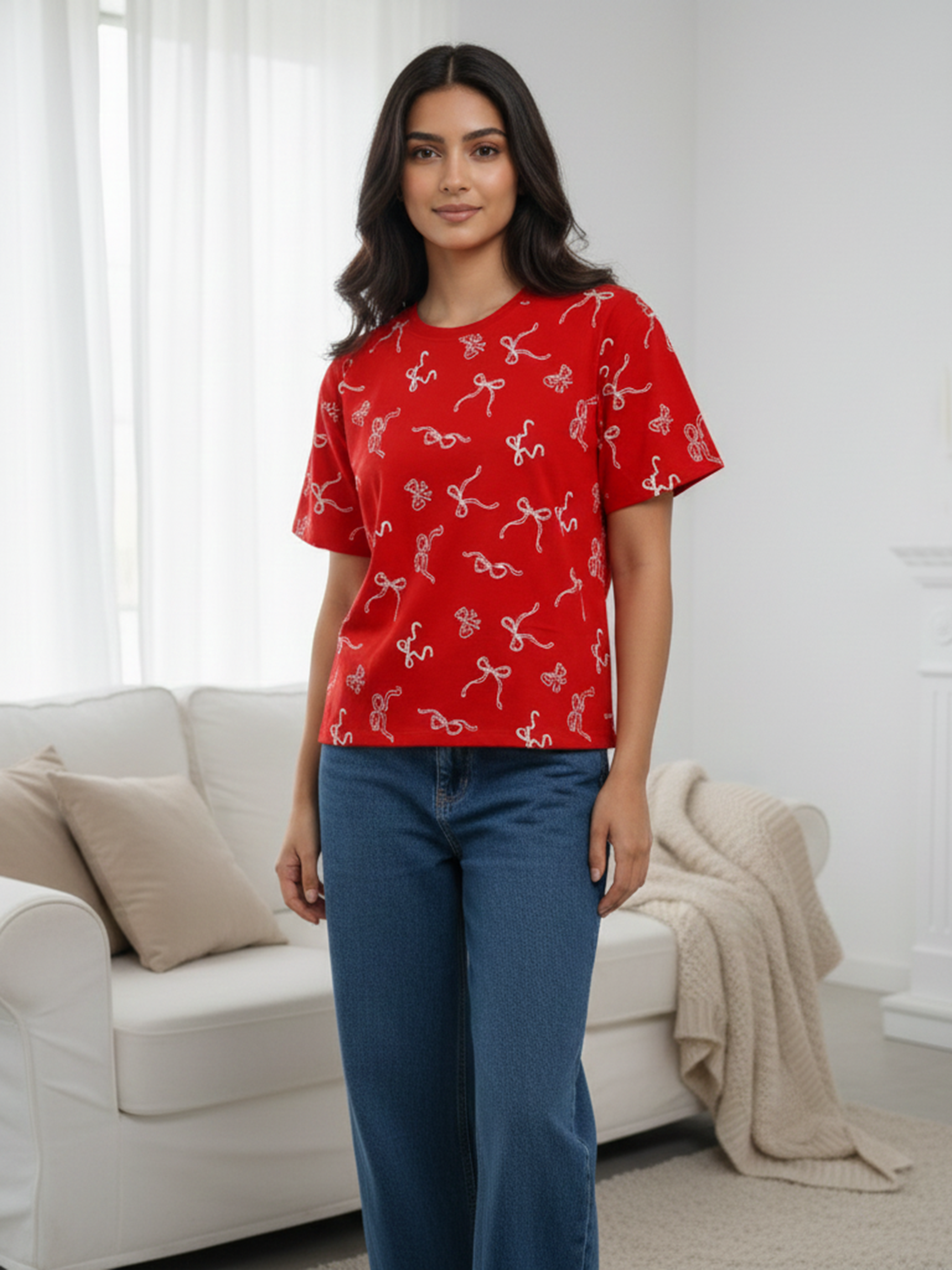 Women’s Red Printed Cotton T-Shirt with All-Over Bow Design