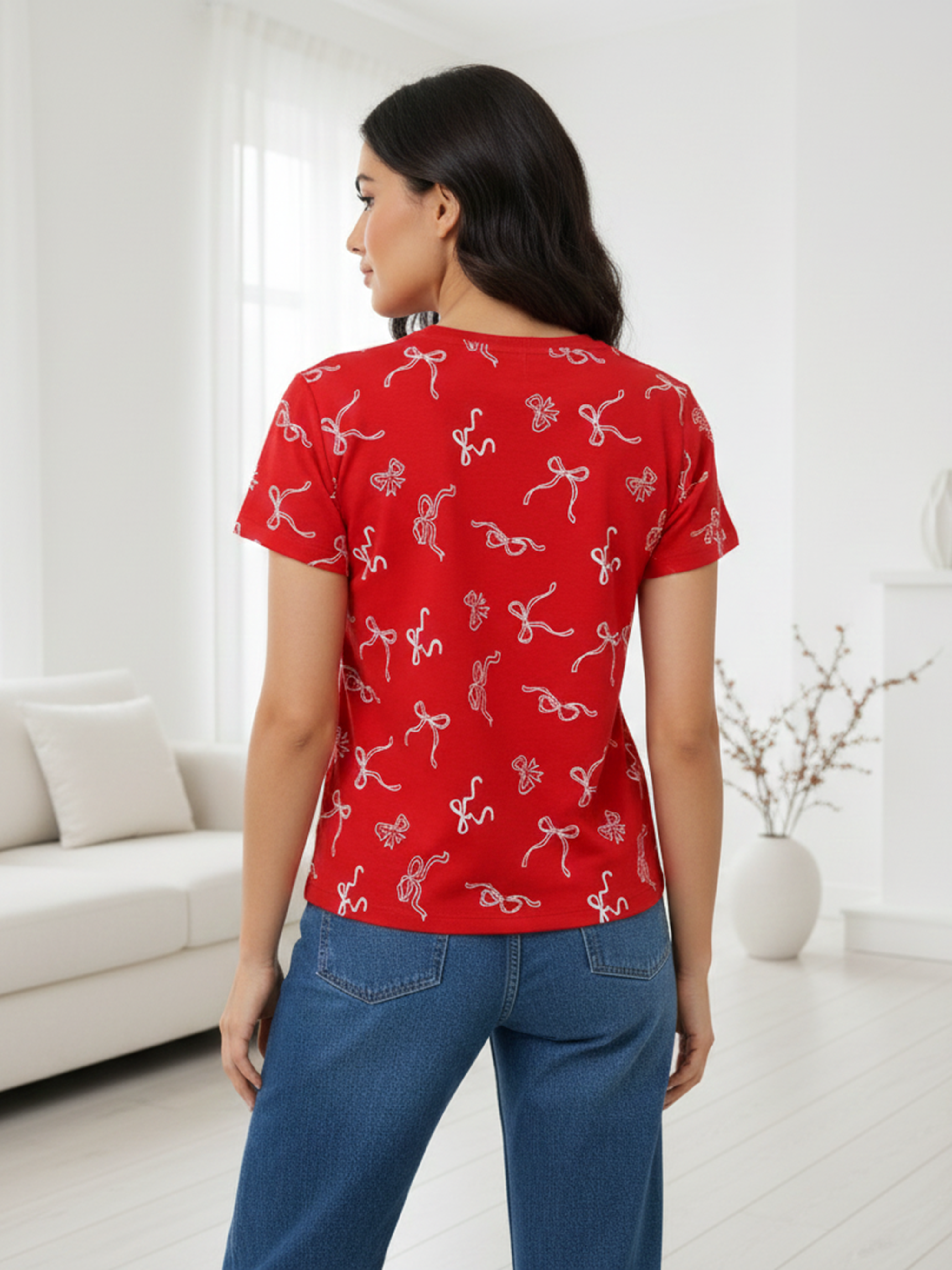 Women’s Red Printed Cotton T-Shirt with All-Over Bow Design