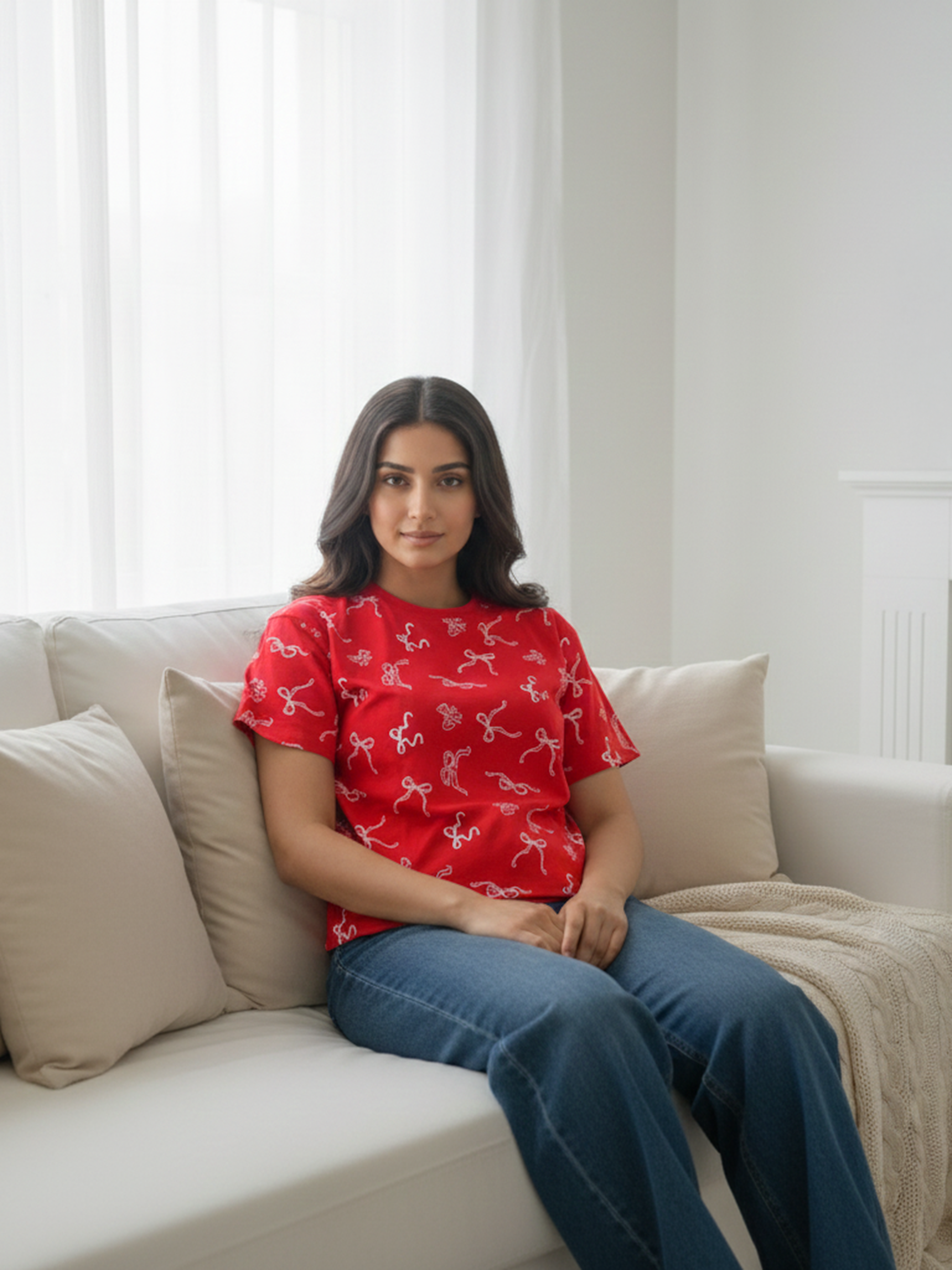 Women’s Red Printed Cotton T-Shirt with All-Over Bow Design