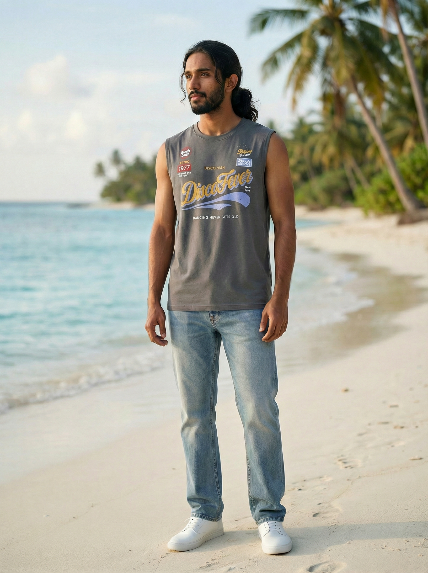 Dark Grey French Terry 220 GSM Regular Fit Round Neck Sleeveless T-Shirt