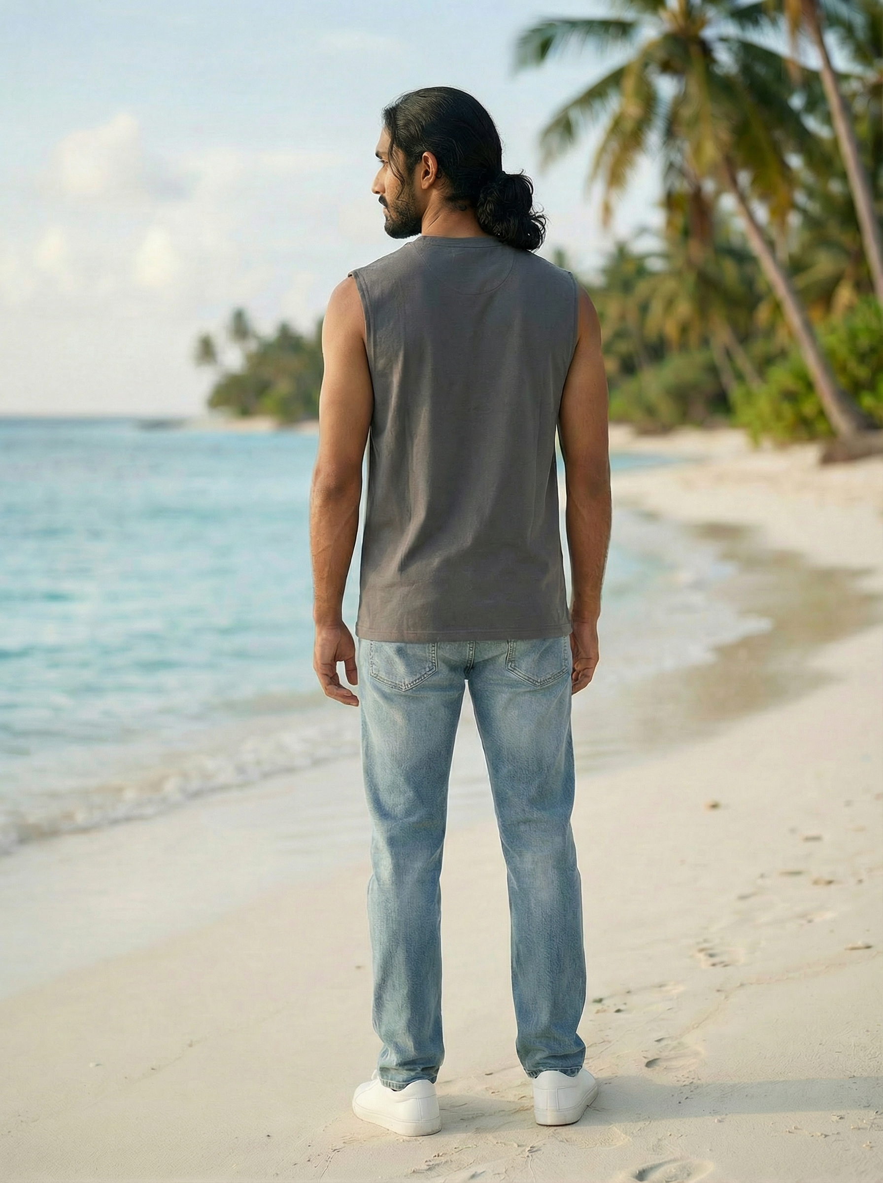 Dark Grey French Terry 220 GSM Regular Fit Round Neck Sleeveless T-Shirt