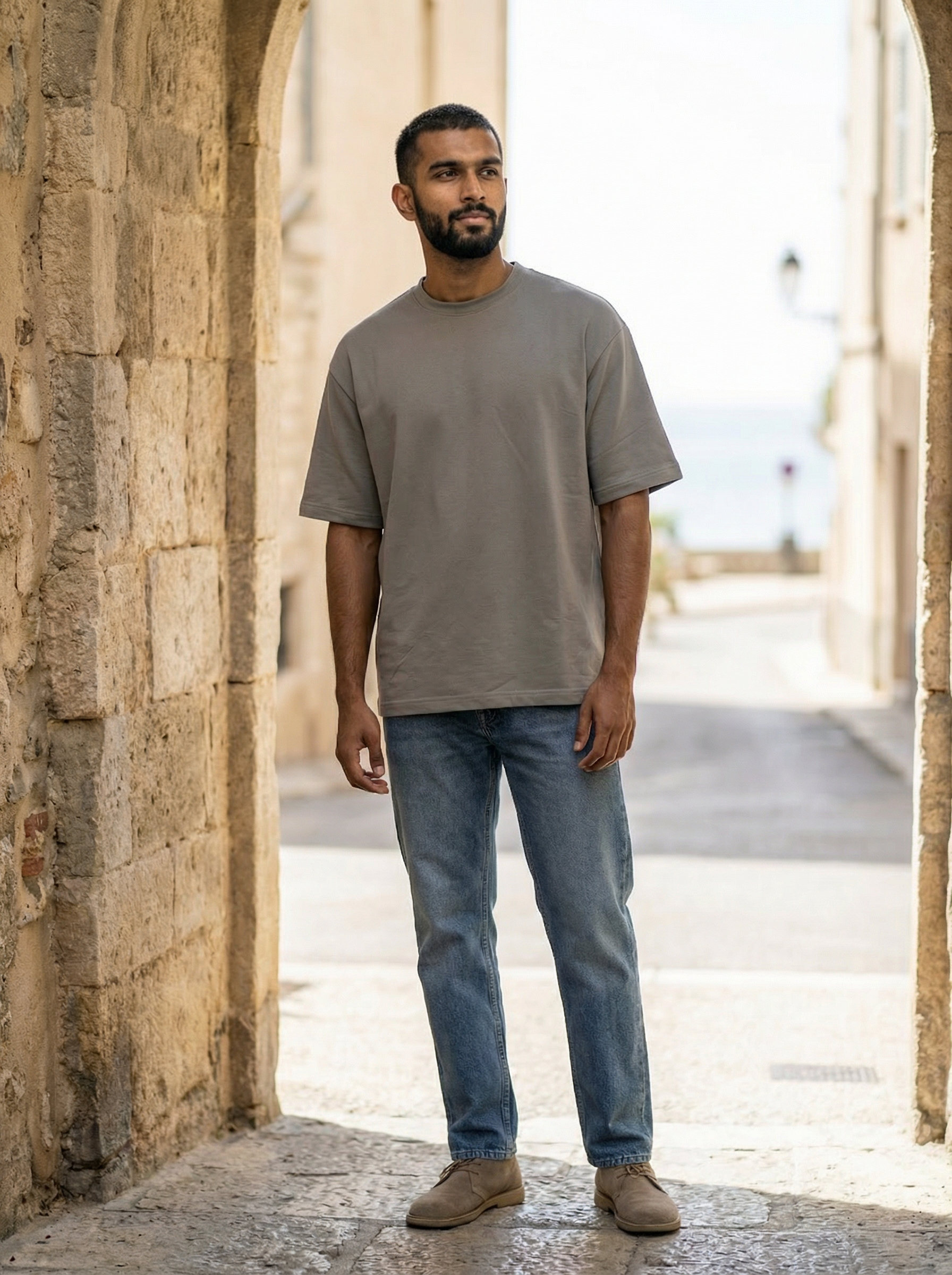Silver French Terry 220 GSM Oversize Plus Round Neck Half Sleeve T-Shirt
