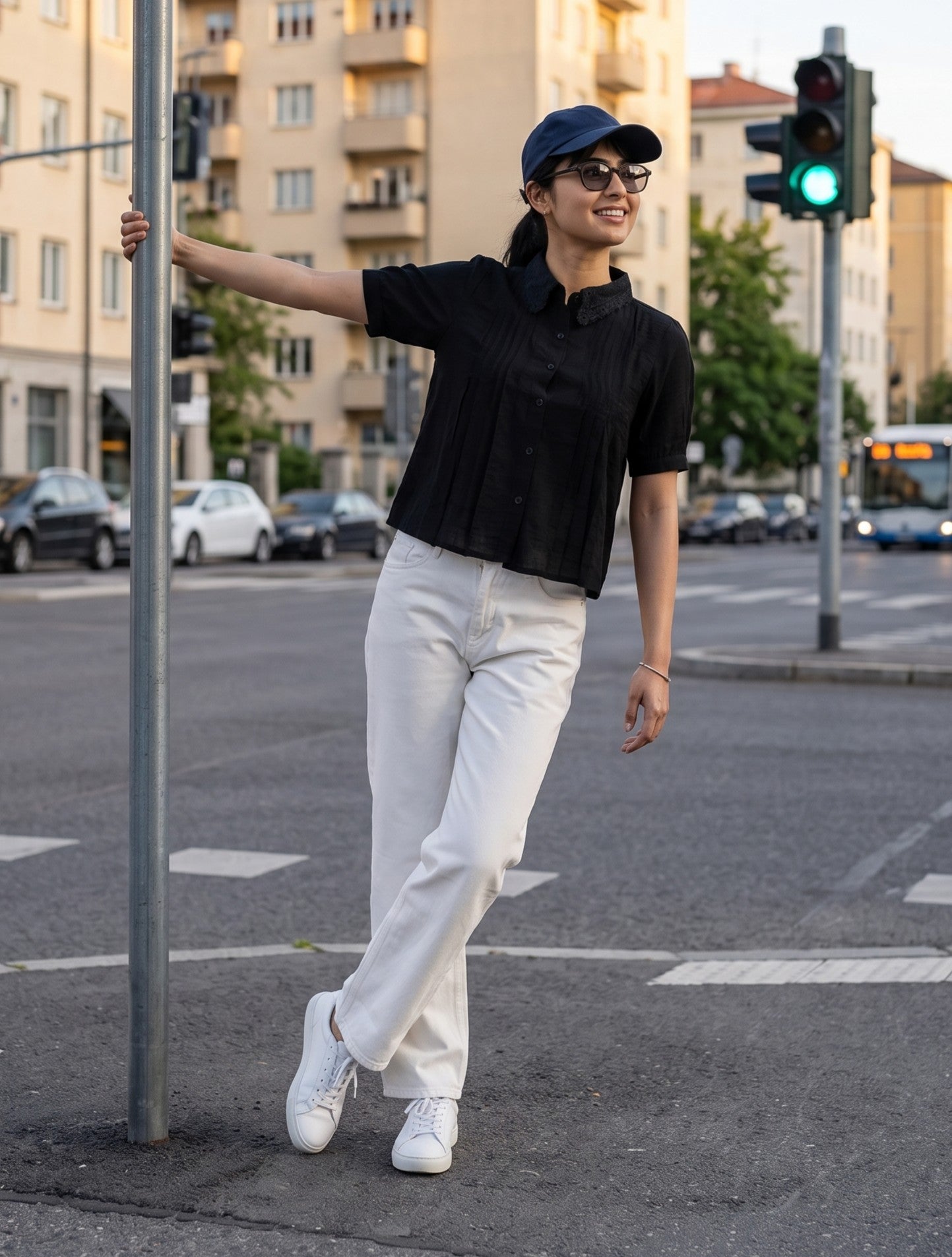 A woman posing on a city street corner wearing a black short-sleeve collared shirt, white trousers, white sneakers, a navy blue cap, and glasses.