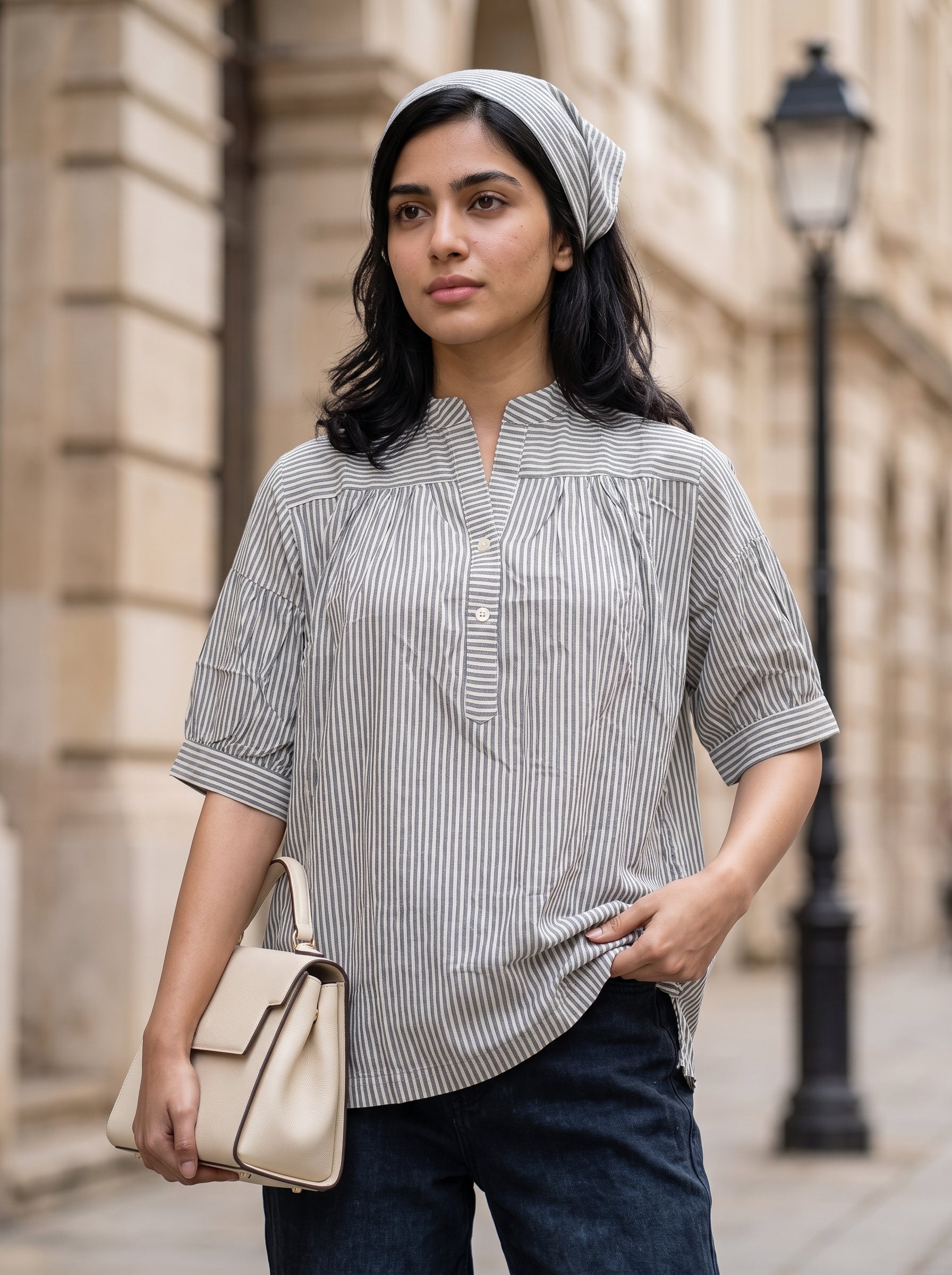 Women's Cotton Green Stripes Regular Fit Top