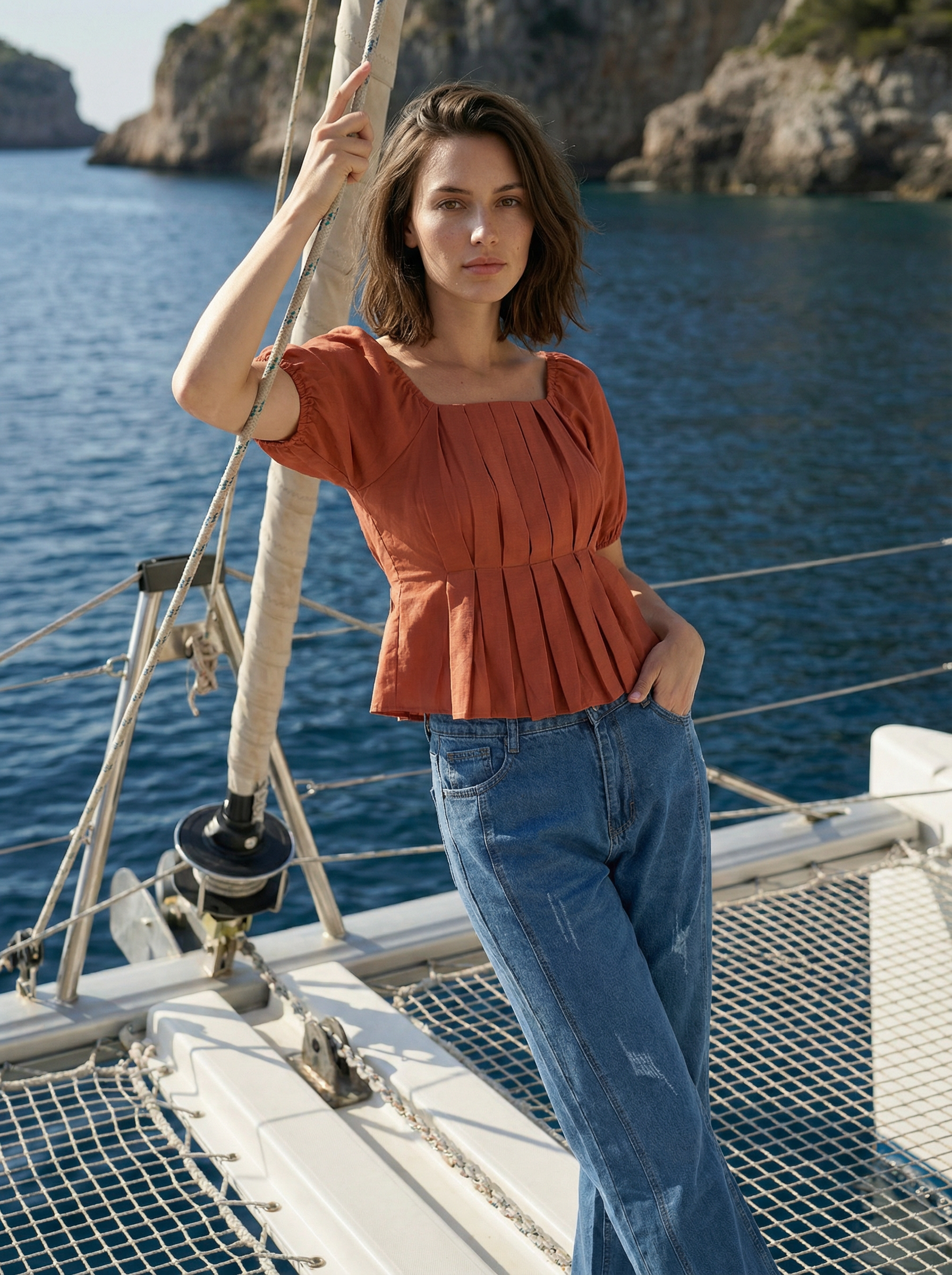 Rust Regular Fit Square Neck Women's Top
