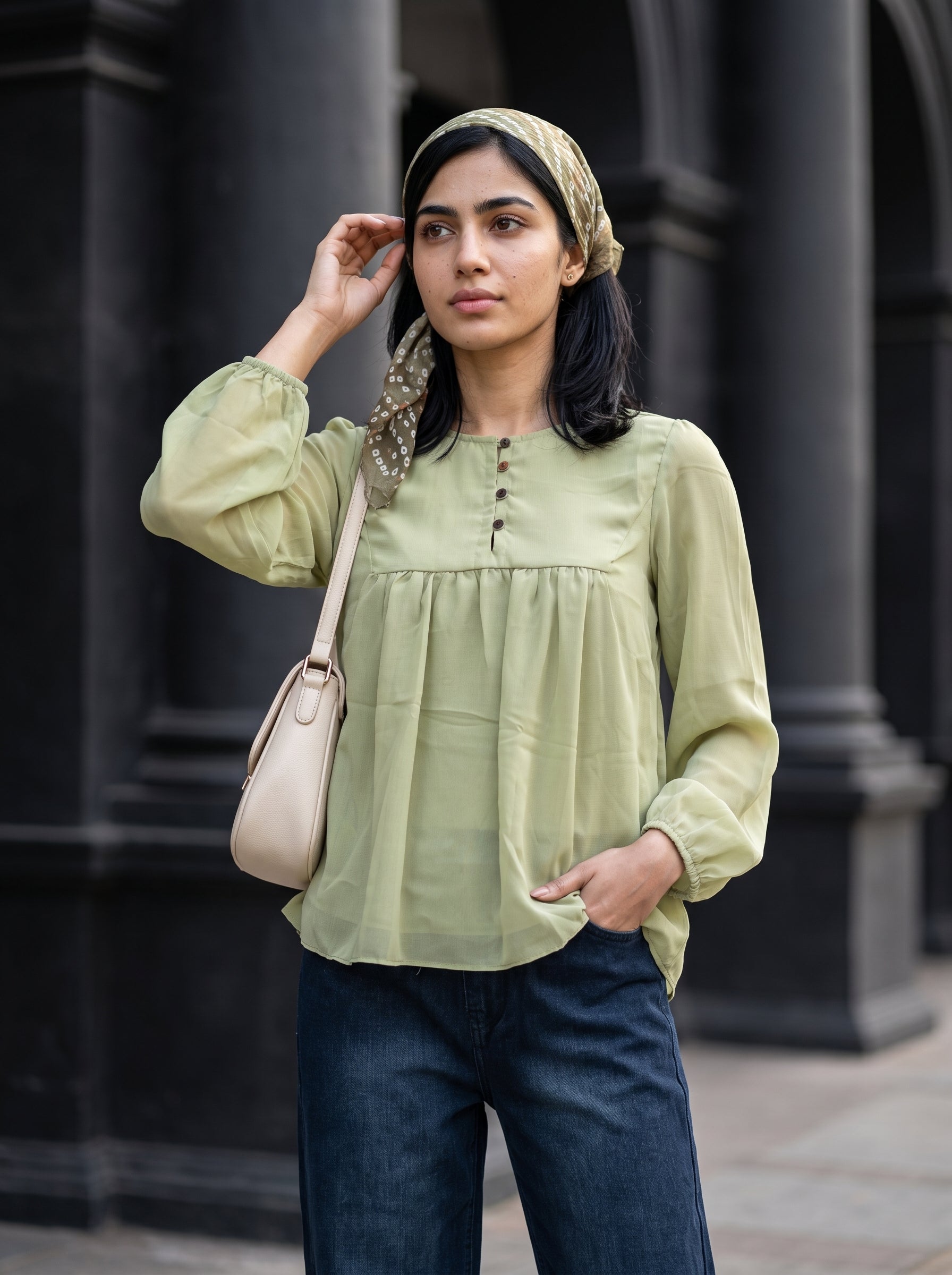 Women's Georgette  Green Regular Fit Top