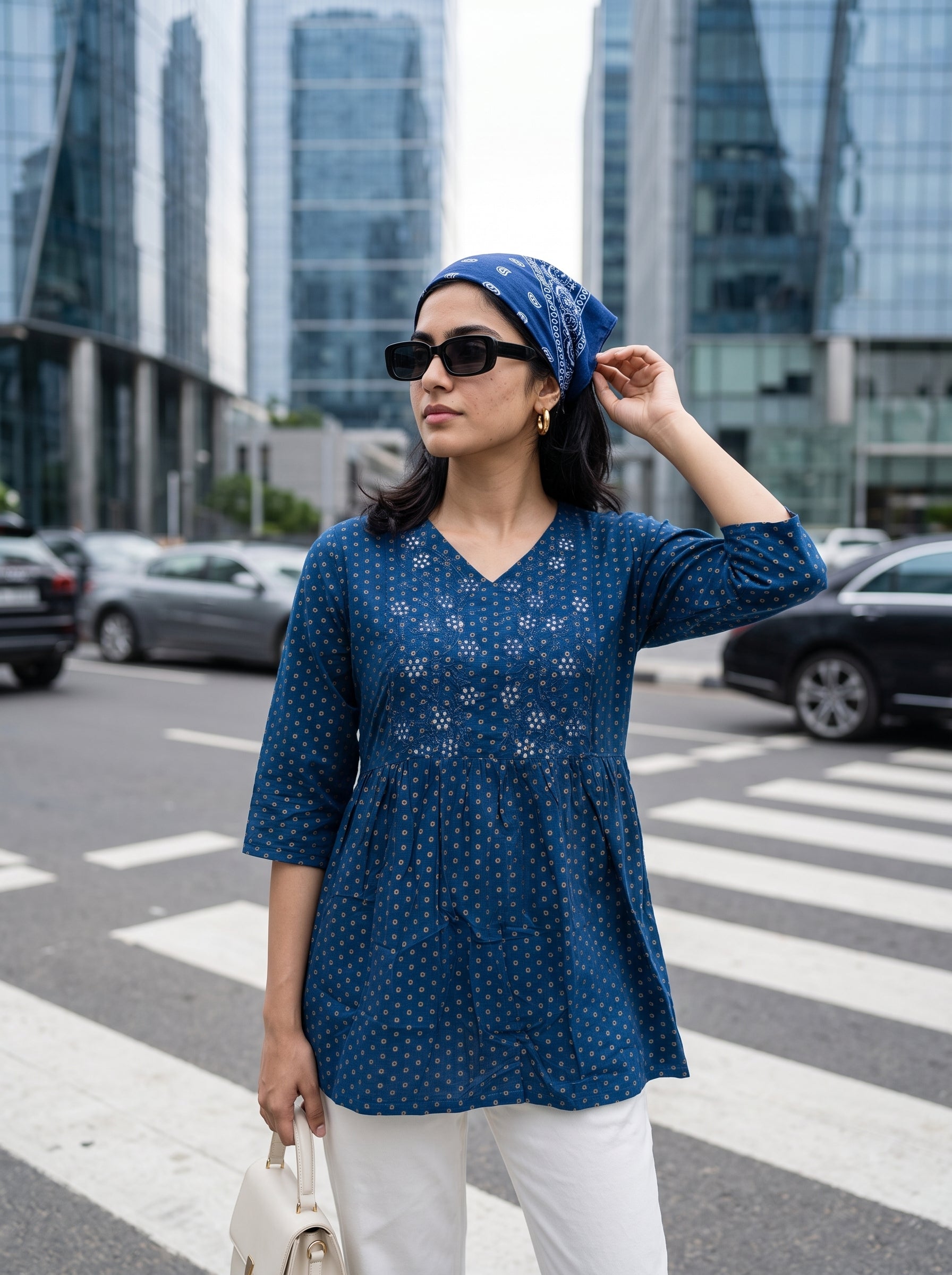 Women's Printed Dark Blue Relaxed Fit Top
