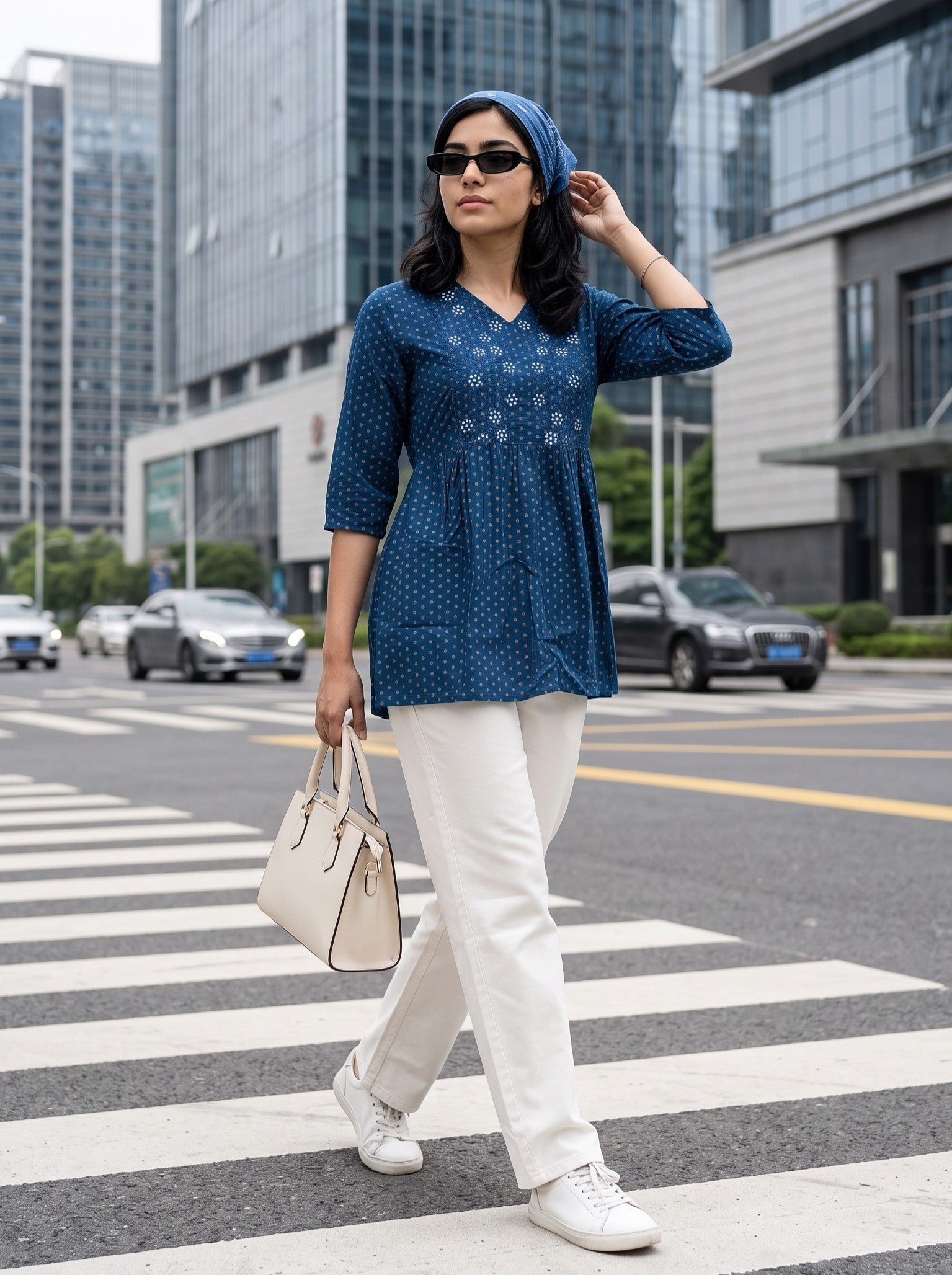 Women's Printed Dark Blue Relaxed Fit Top