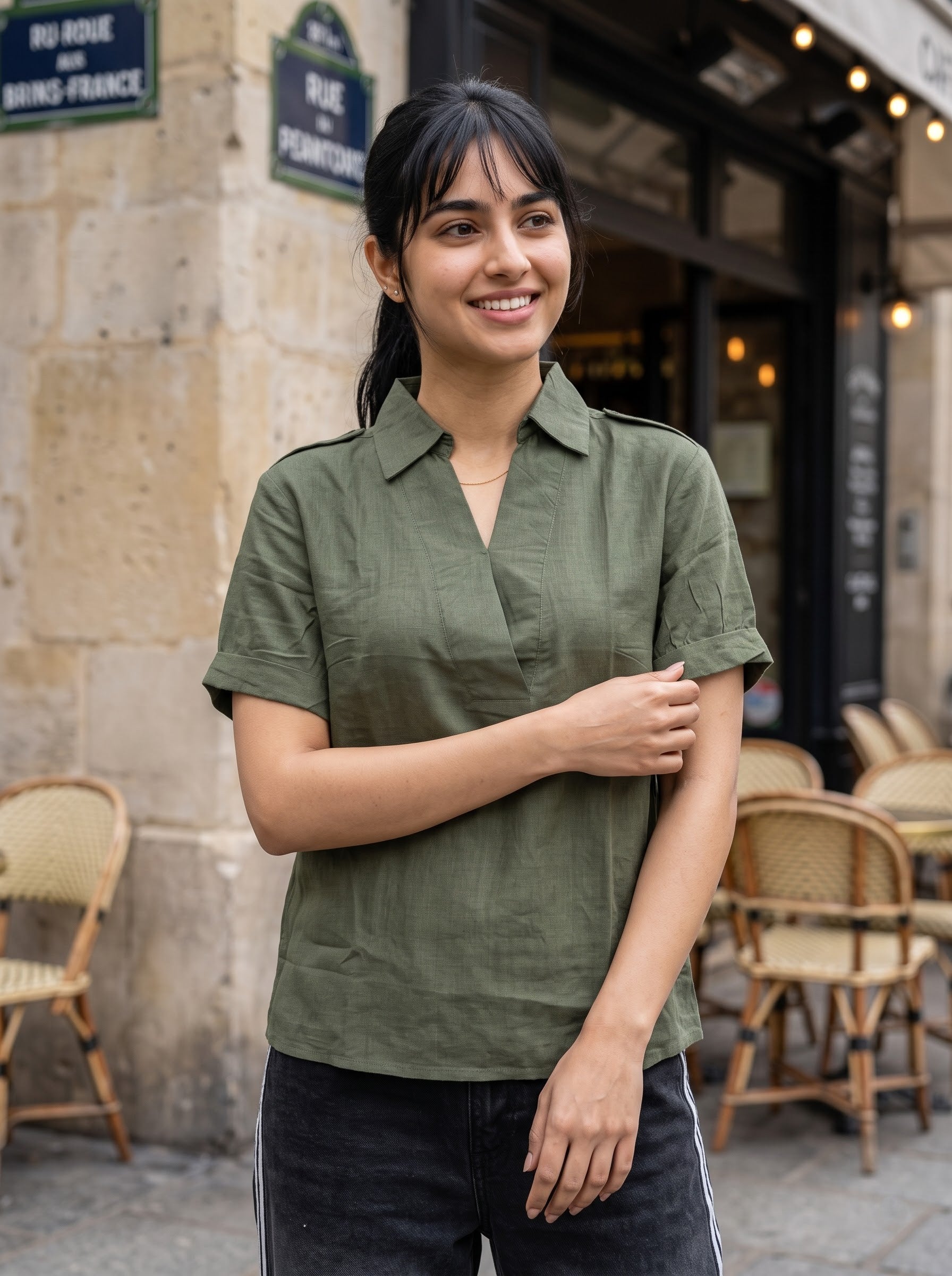 Women's Linen Green Color Regular Fit Top