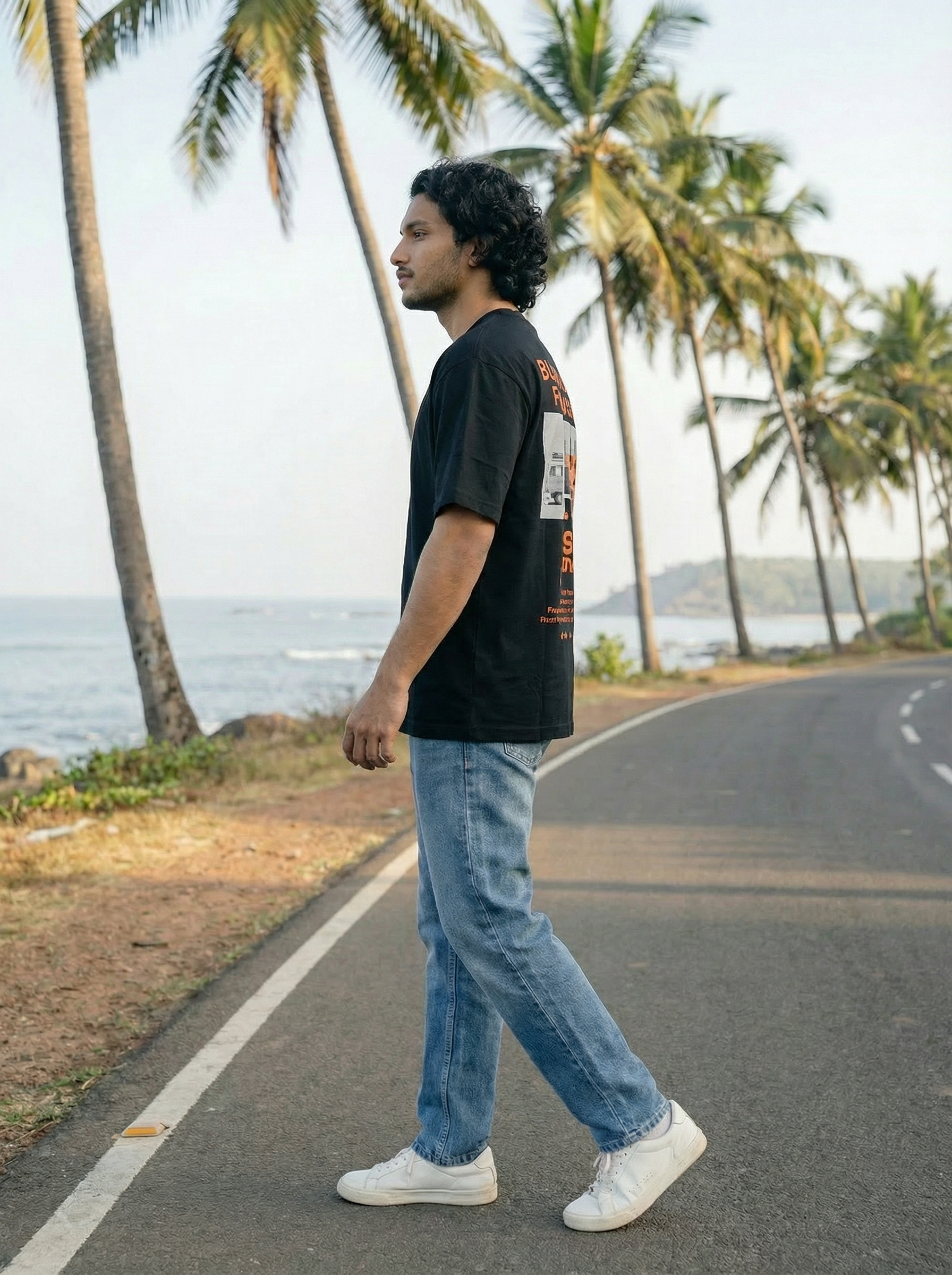 Jet Black French Terry 200 GSM Oversize Fit Round Neck Half Sleeve T-Shirt