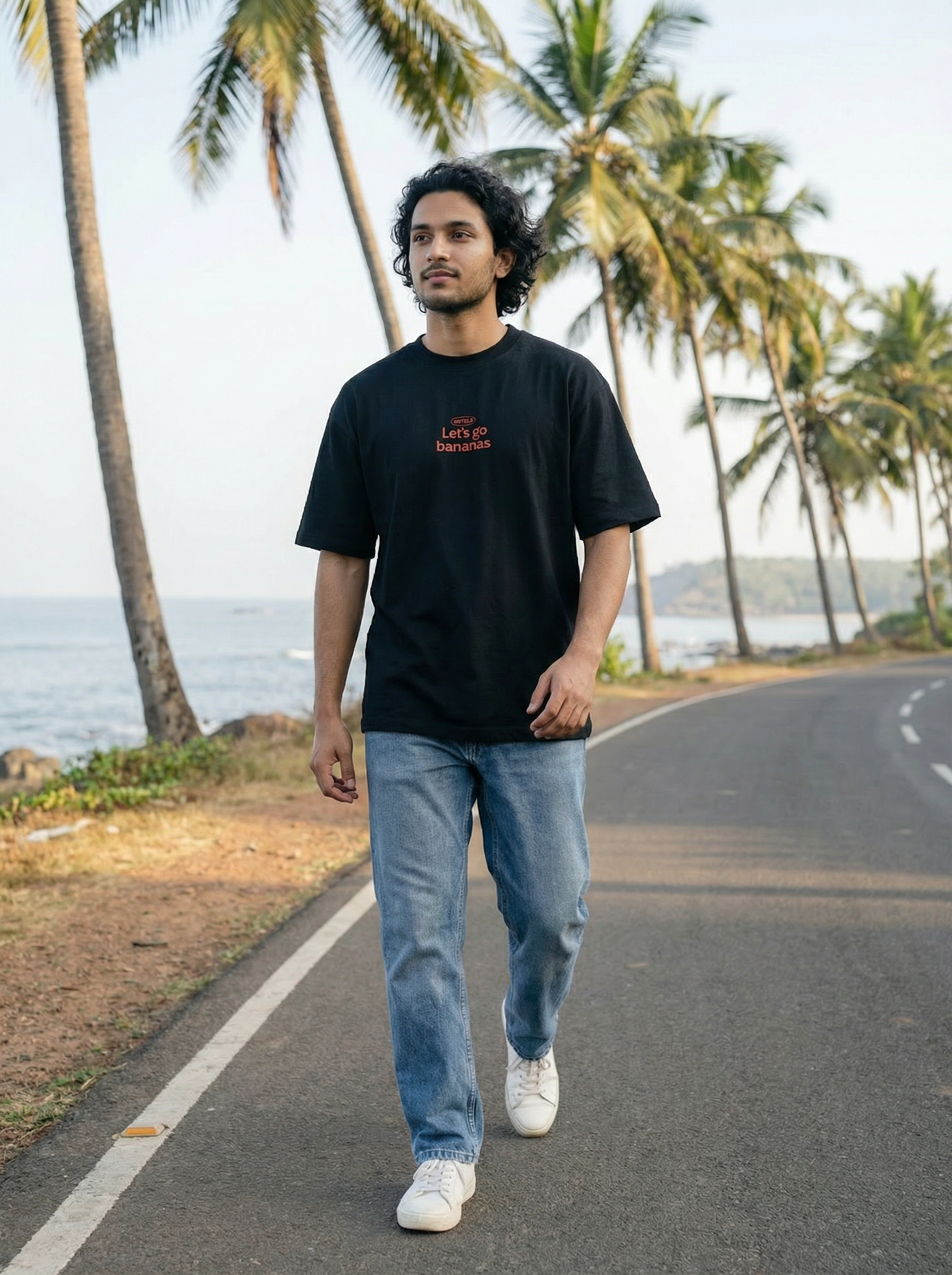 Jet Black French Terry 200 GSM Oversize Fit Round Neck Half Sleeve T-Shirt