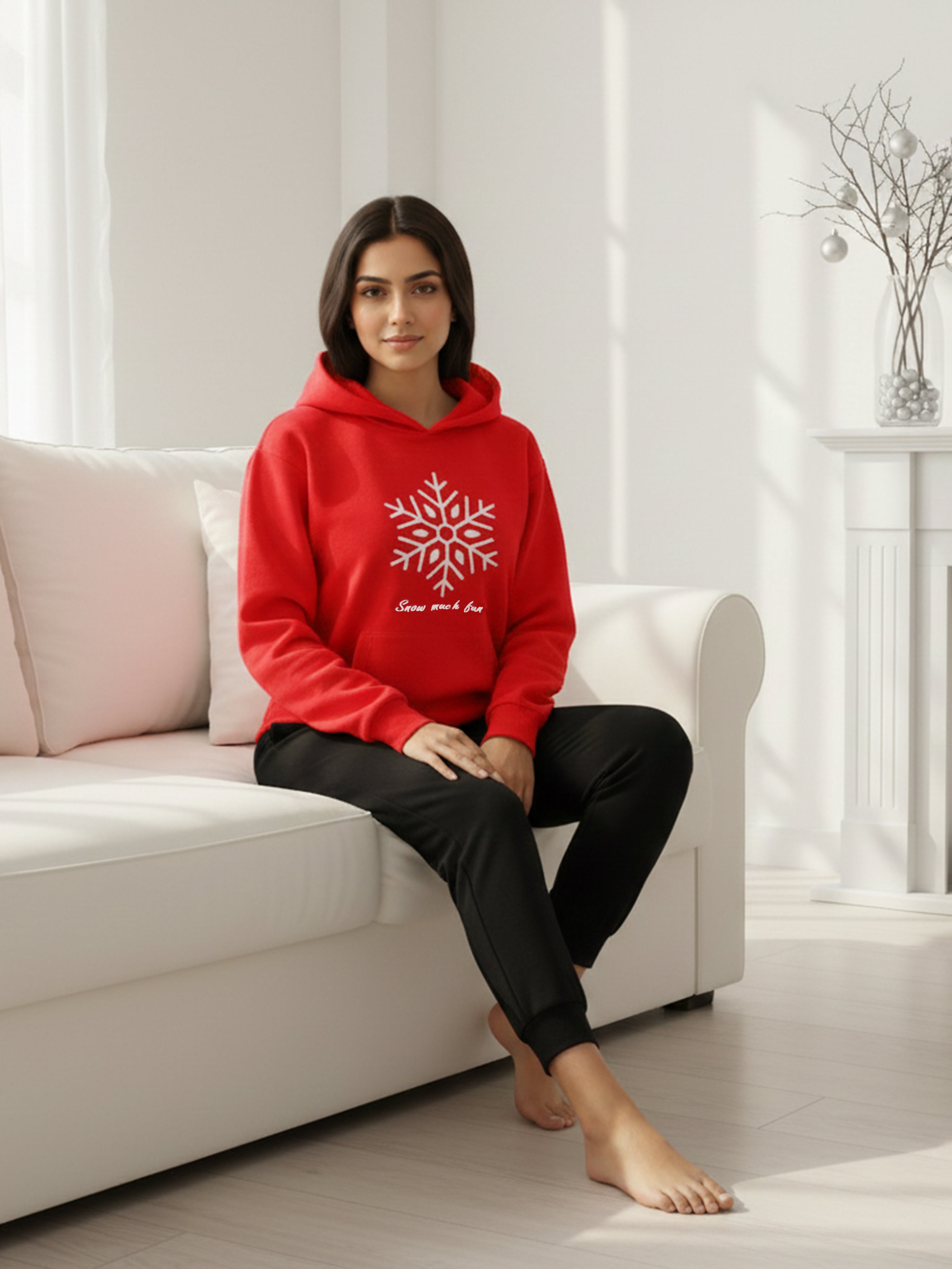 Red Women’s Hooded Sweatshirt with Snowflake Print